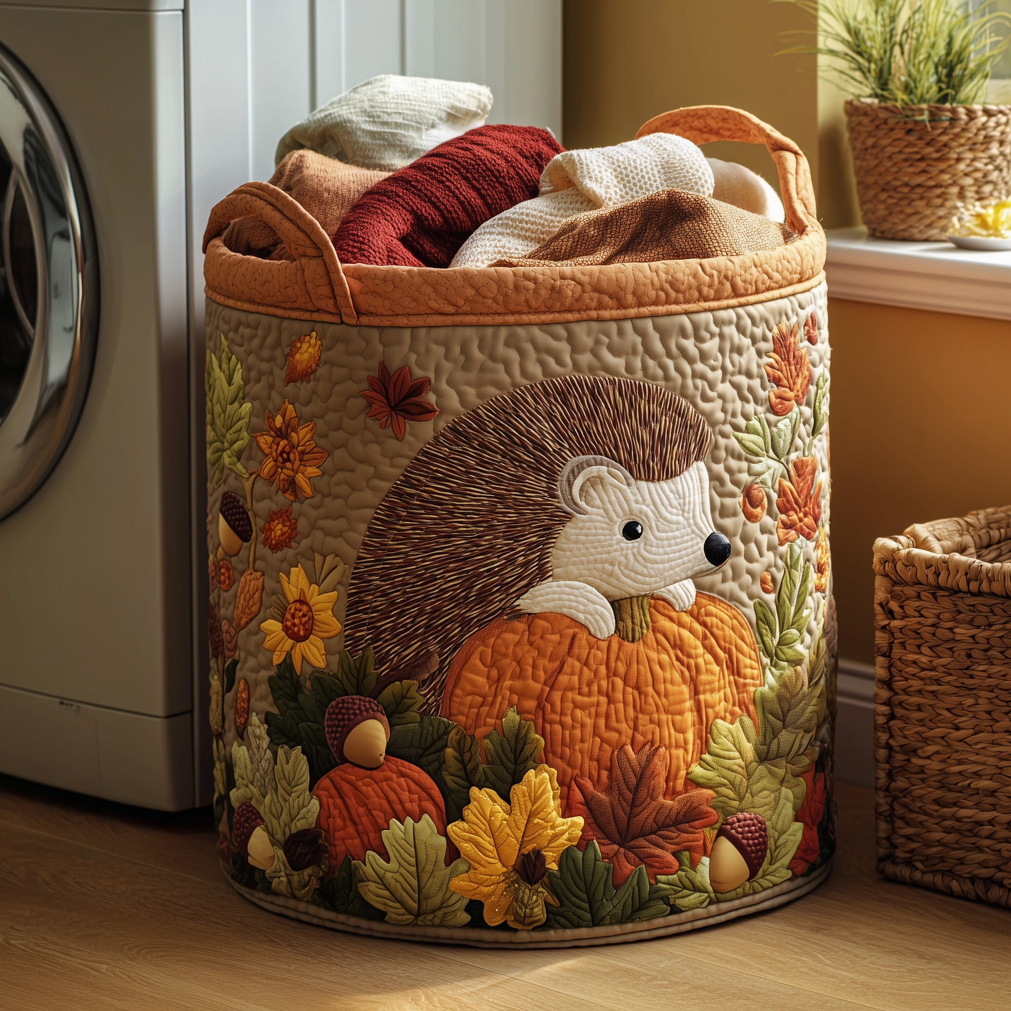 Autumn Hedgehog Quilted Laundry Basket Foldable Basket Storage Gifts For Hedgehog Lovers