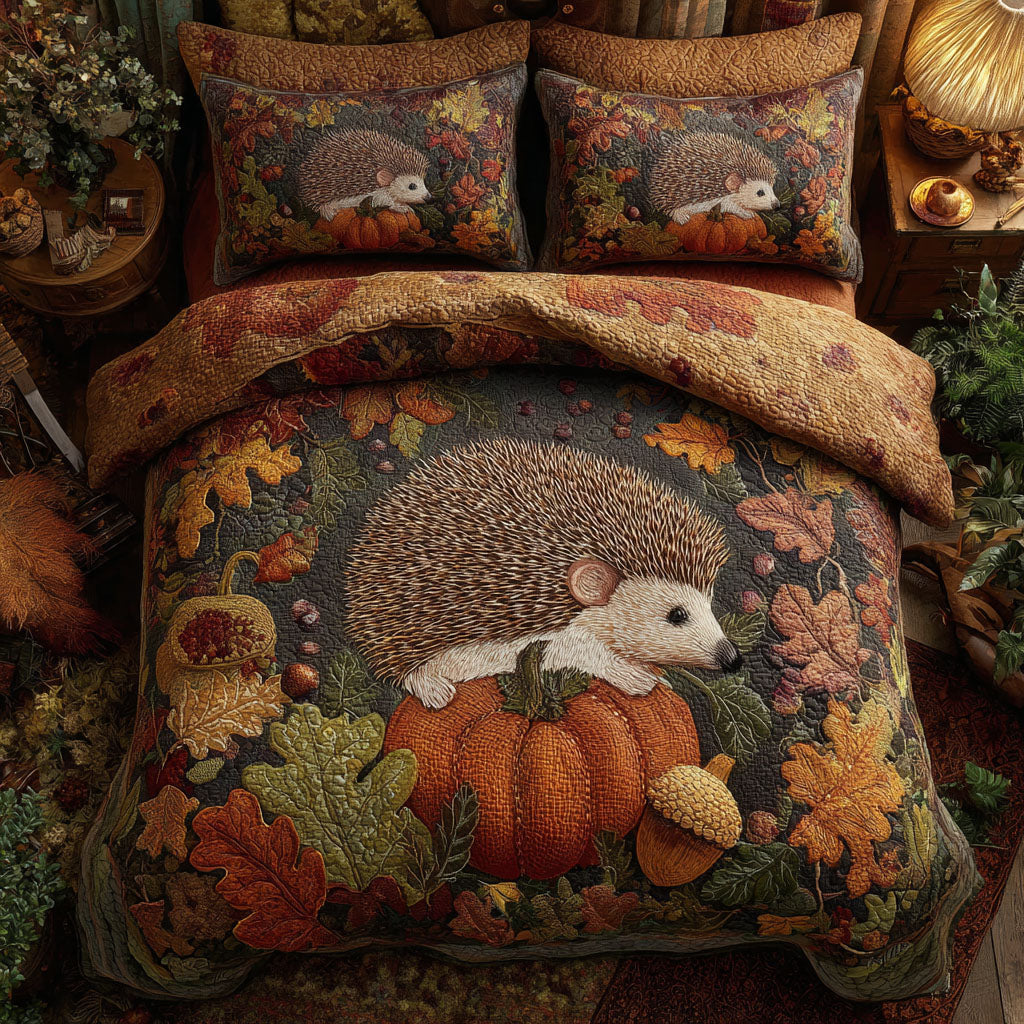 Autumn Hedgehog Tales Quilted Bedding Set Cool Bedroom Decor Cute Fall Gifts For Girlfriend