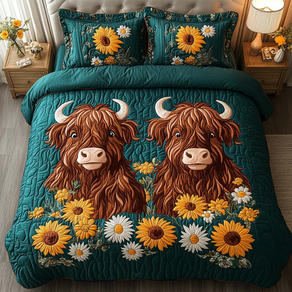 Autumn Highland Charm Quilted Bedding Set Best Bed Sheet Set Highland Cow Gifts For Her