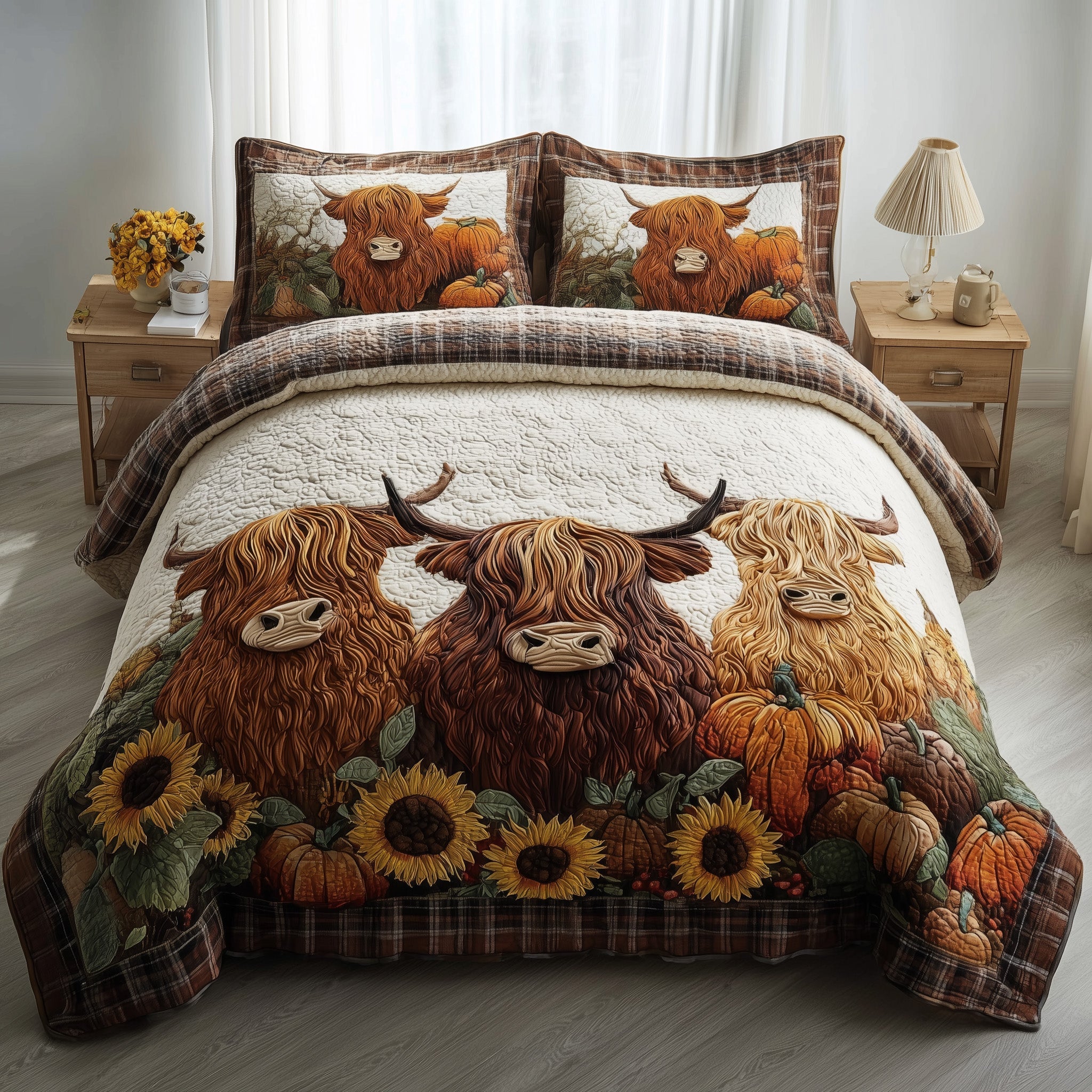 Autumn Highland Cow Quilted Bedding Set Breathable