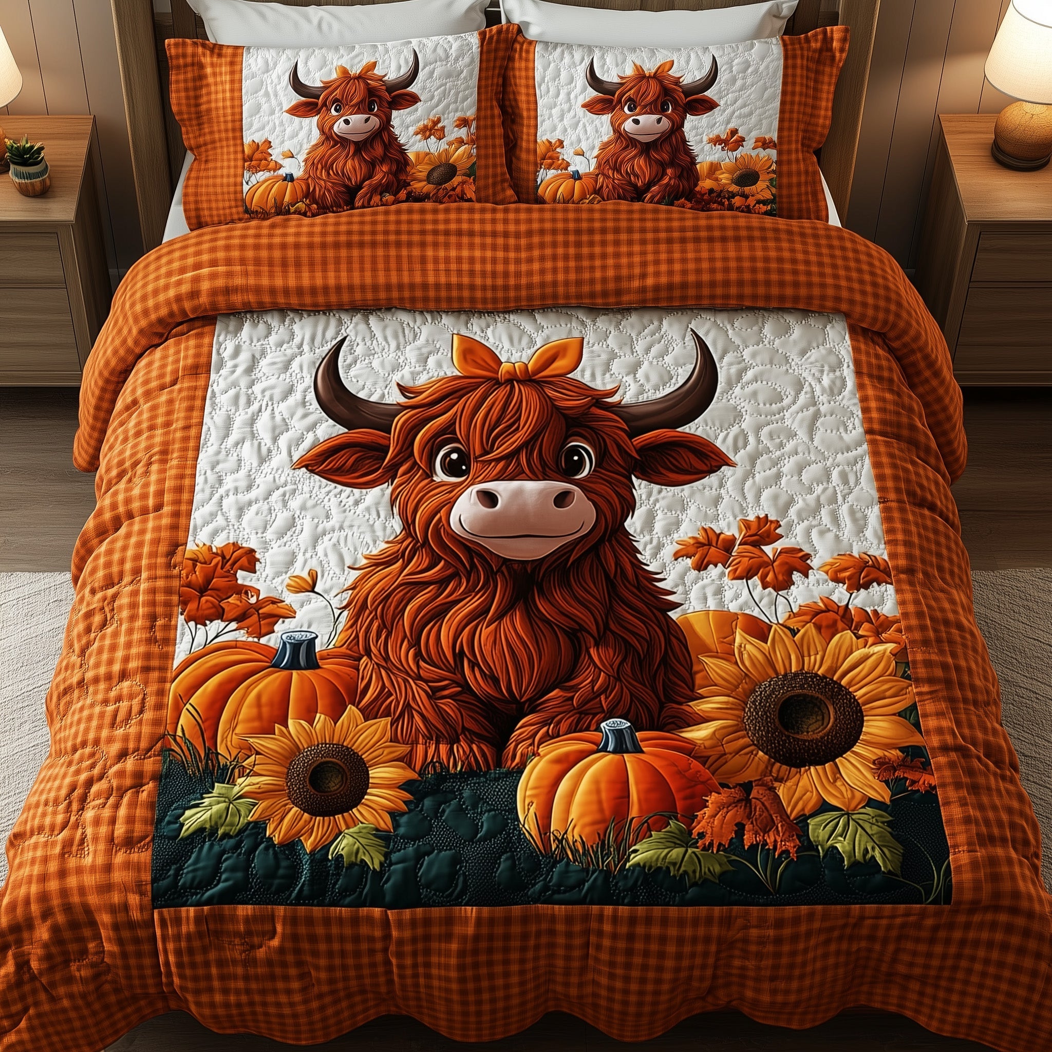 Autumn Highland Cow Quilted Bedding Set Duvet Cover Bedspread Autumn Gifts