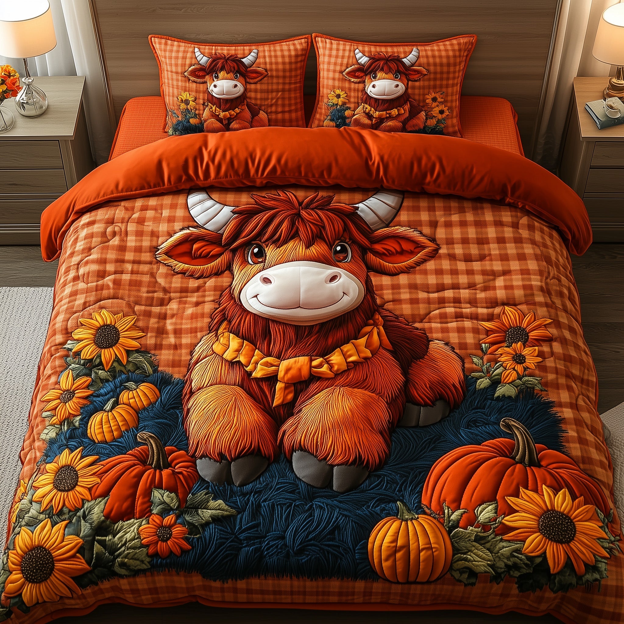 Autumn Highland Cow Quilted Bedding Set Duvet Cover Bedspread Best Autumn Gifts