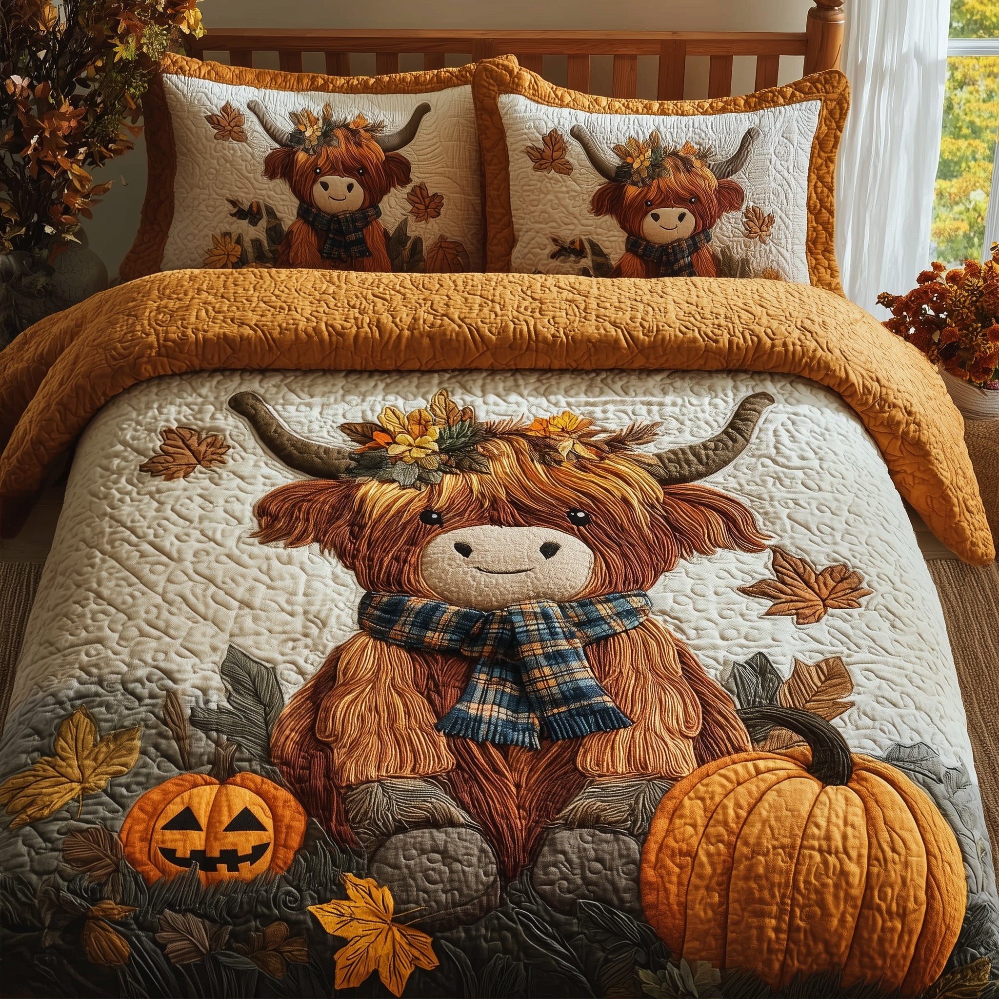 Autumn Highland Cow Quilted Bedding Set For Family