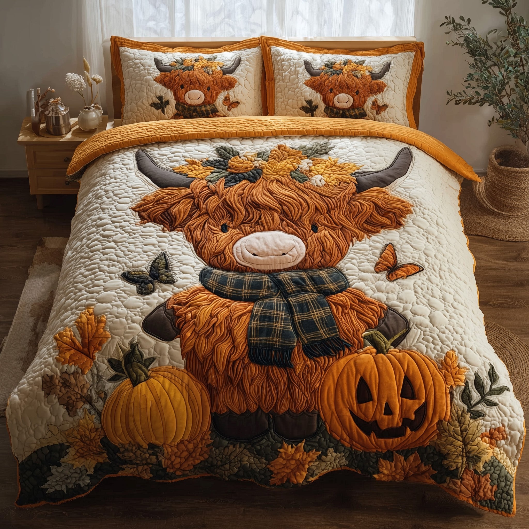 Autumn Highland Cow Quilted Bedding Set Housewarming Gift