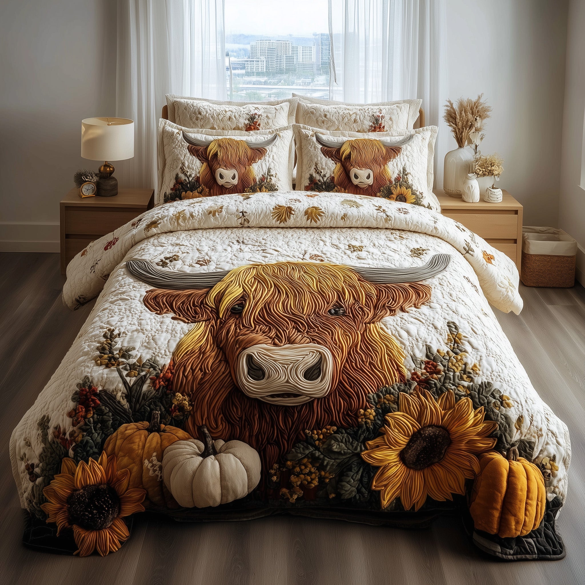 Autumn Highland Cow Quilted Bedding Set Hypoallergenic