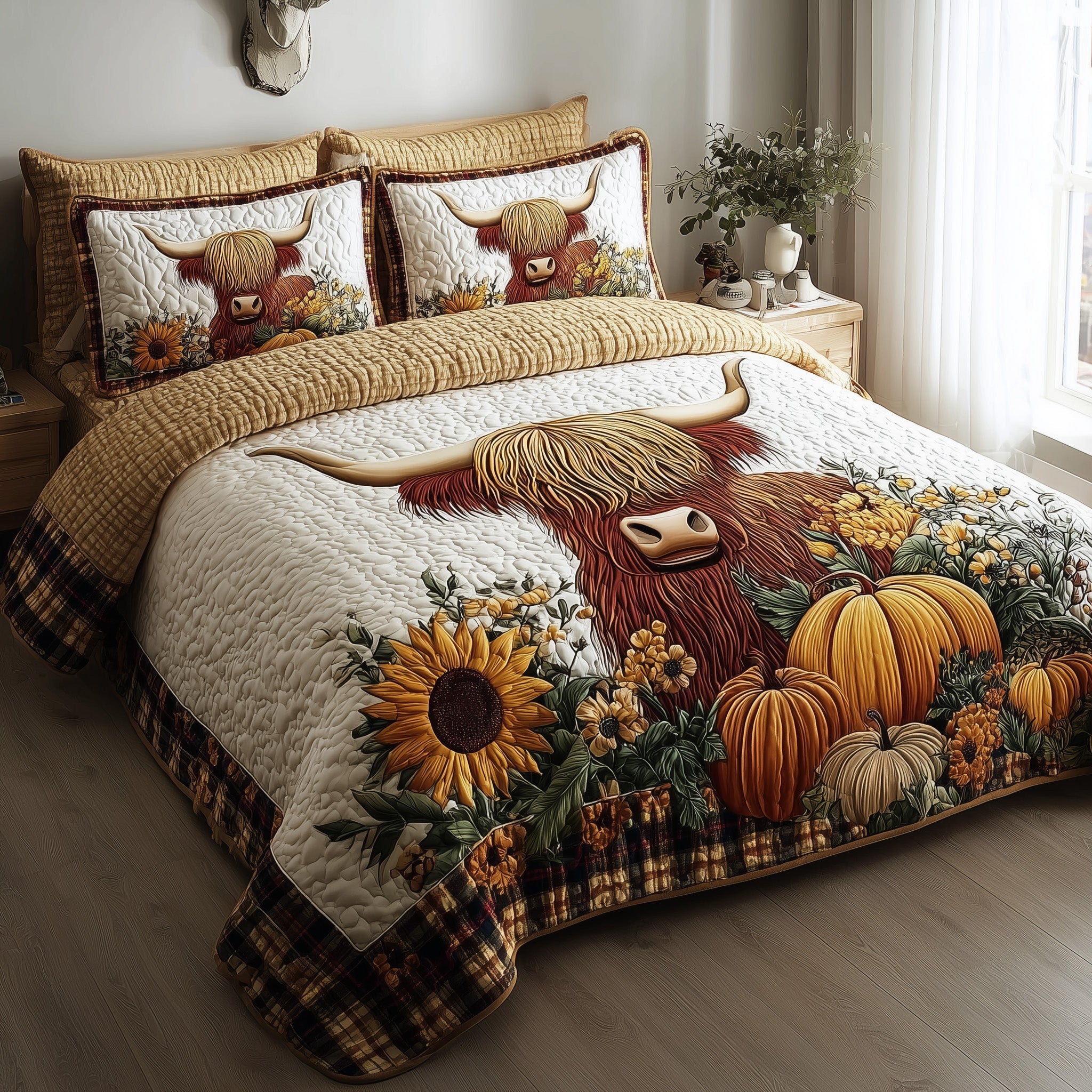 Autumn Highland Cow Quilted Bedding Set Lightweight