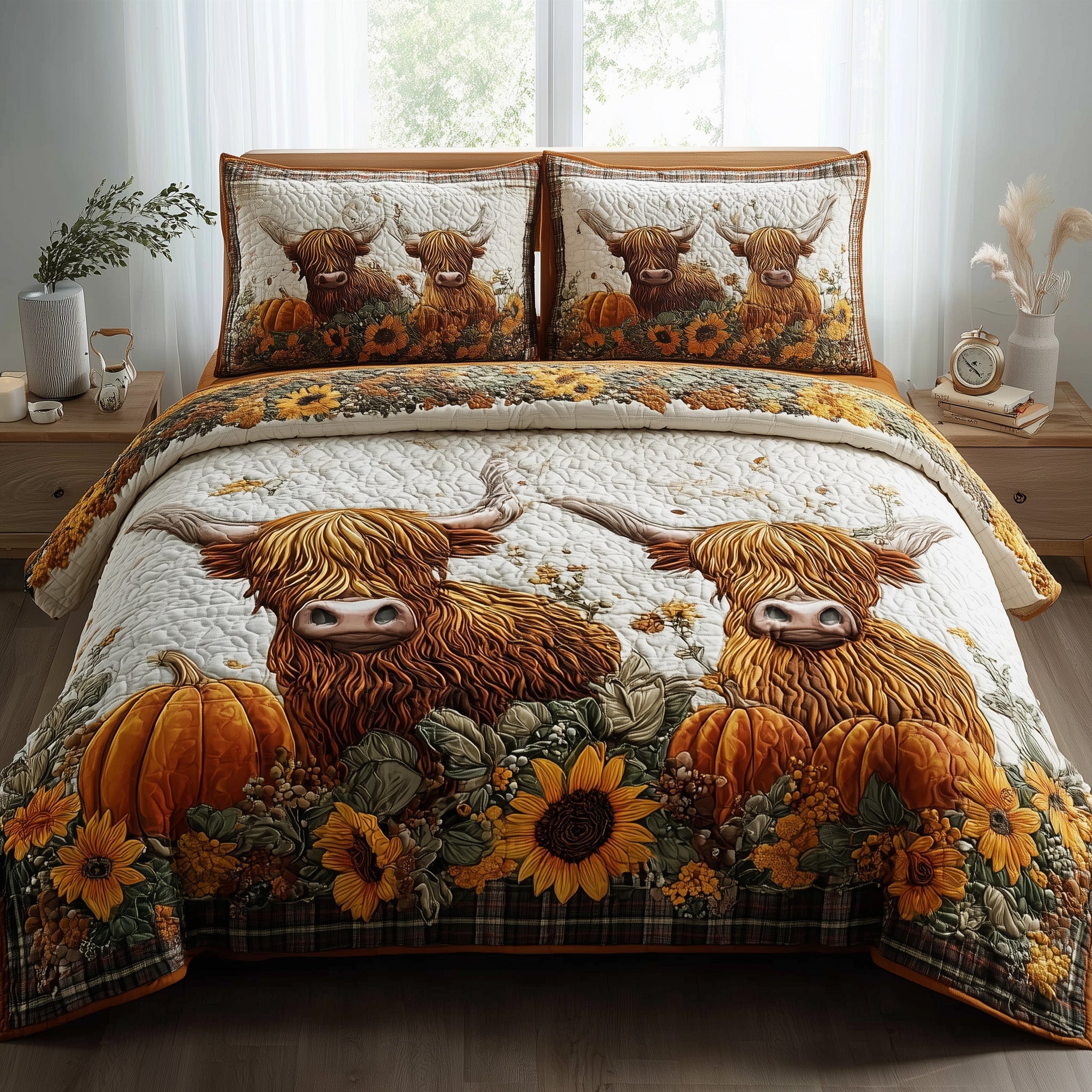 Autumn Highland Cow Quilted Bedding Set Linen Blend