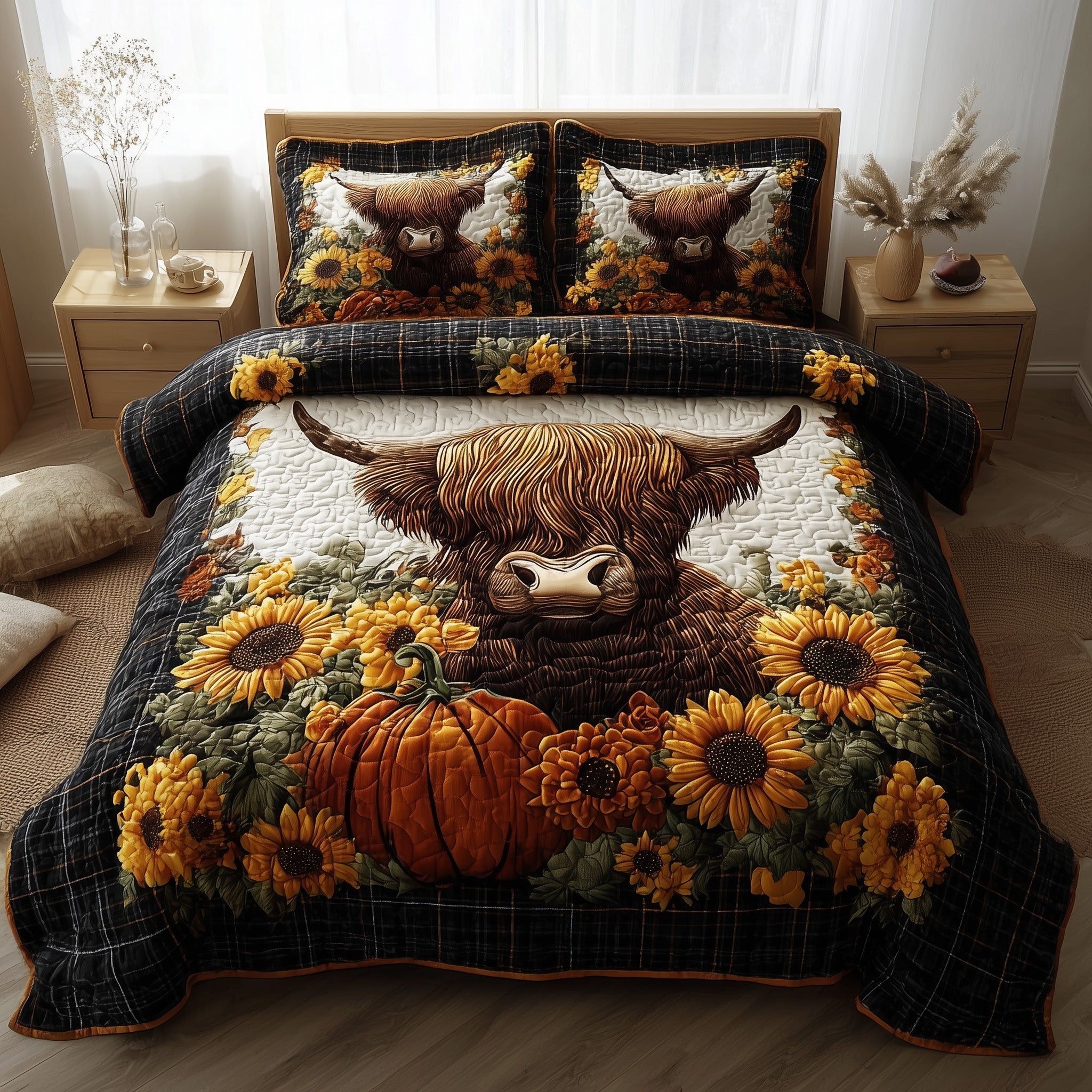 Autumn Highland Cow Quilted Bedding Set Machine Washable