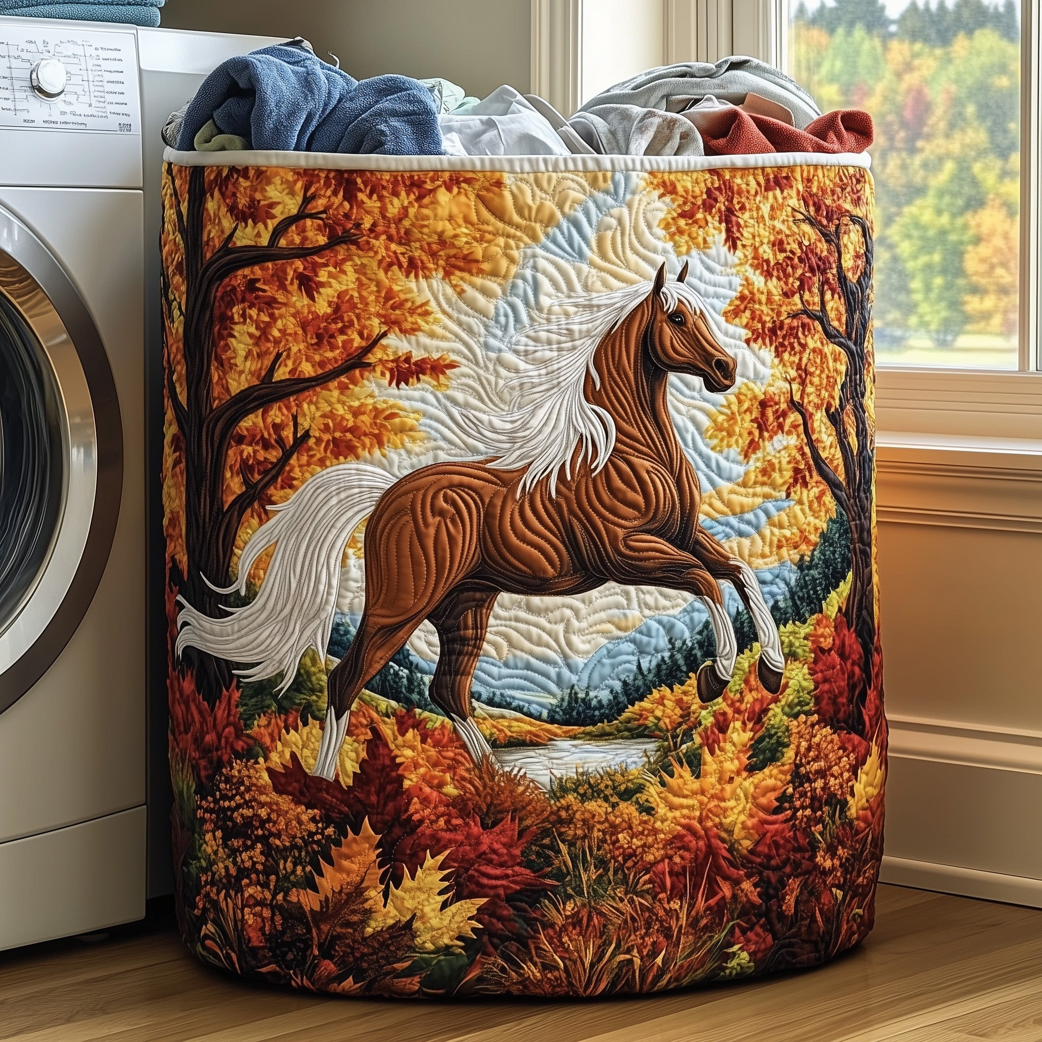 Autumn Horse Gallop Quilted Laundry Basket Cozy Home Decor Horse Lover Gift Ideas