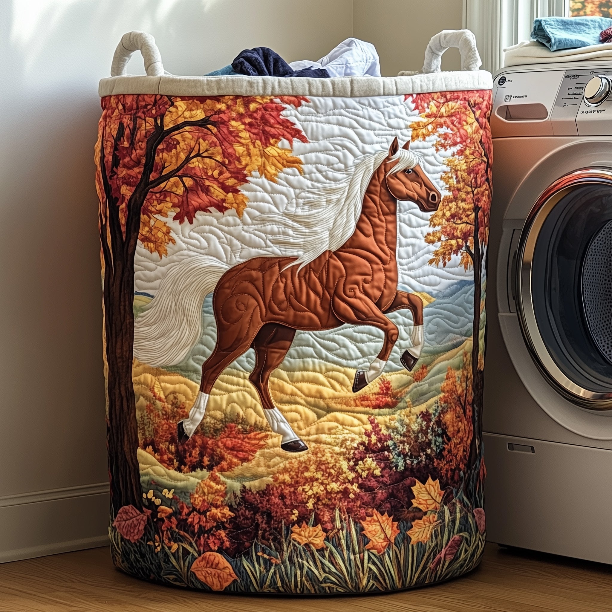 Autumn Horse Gallop Quilted Laundry Basket Foldable Basket Storage Gifts For Horse Fans