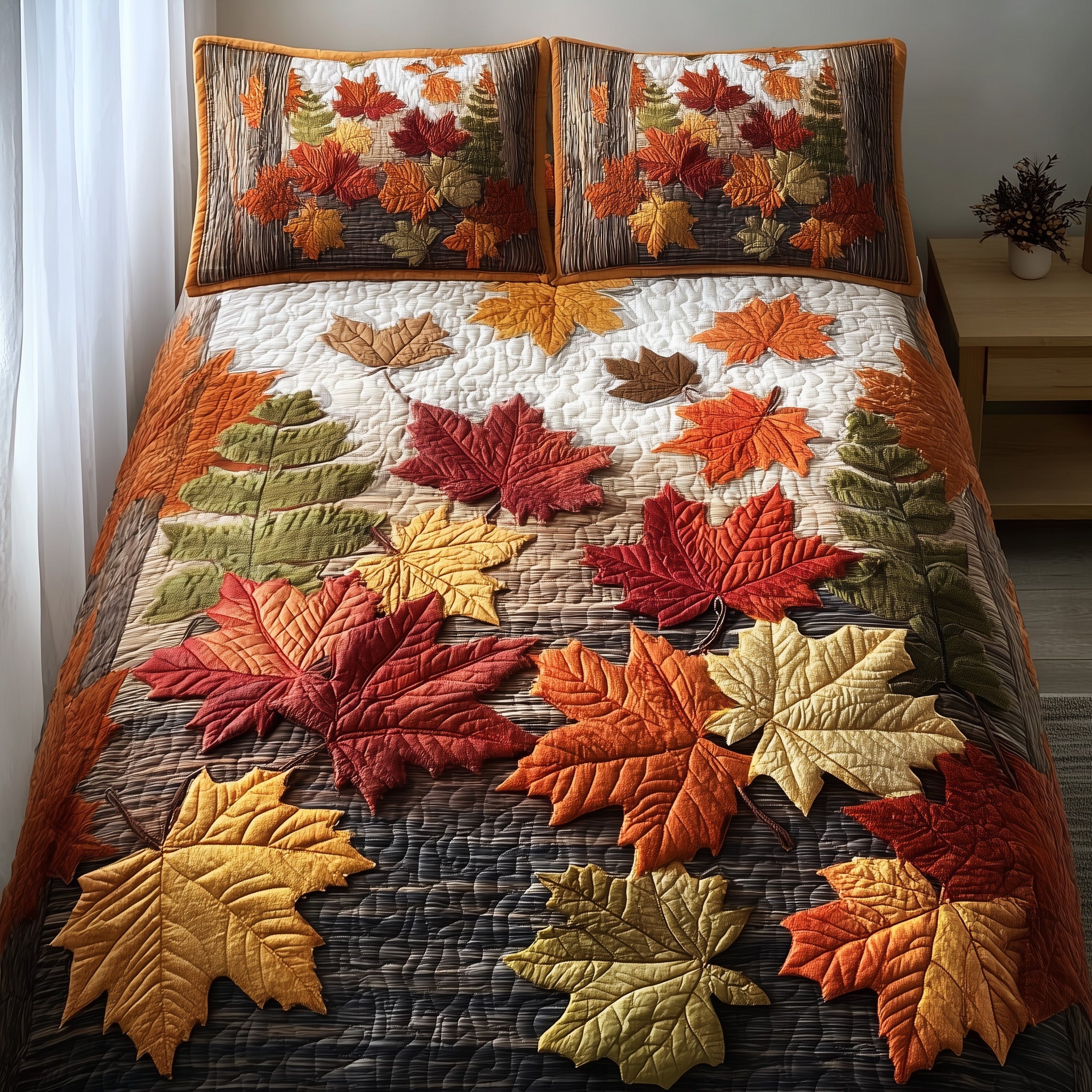 Autumn Leaves Quilted Bedding Set Floral Print