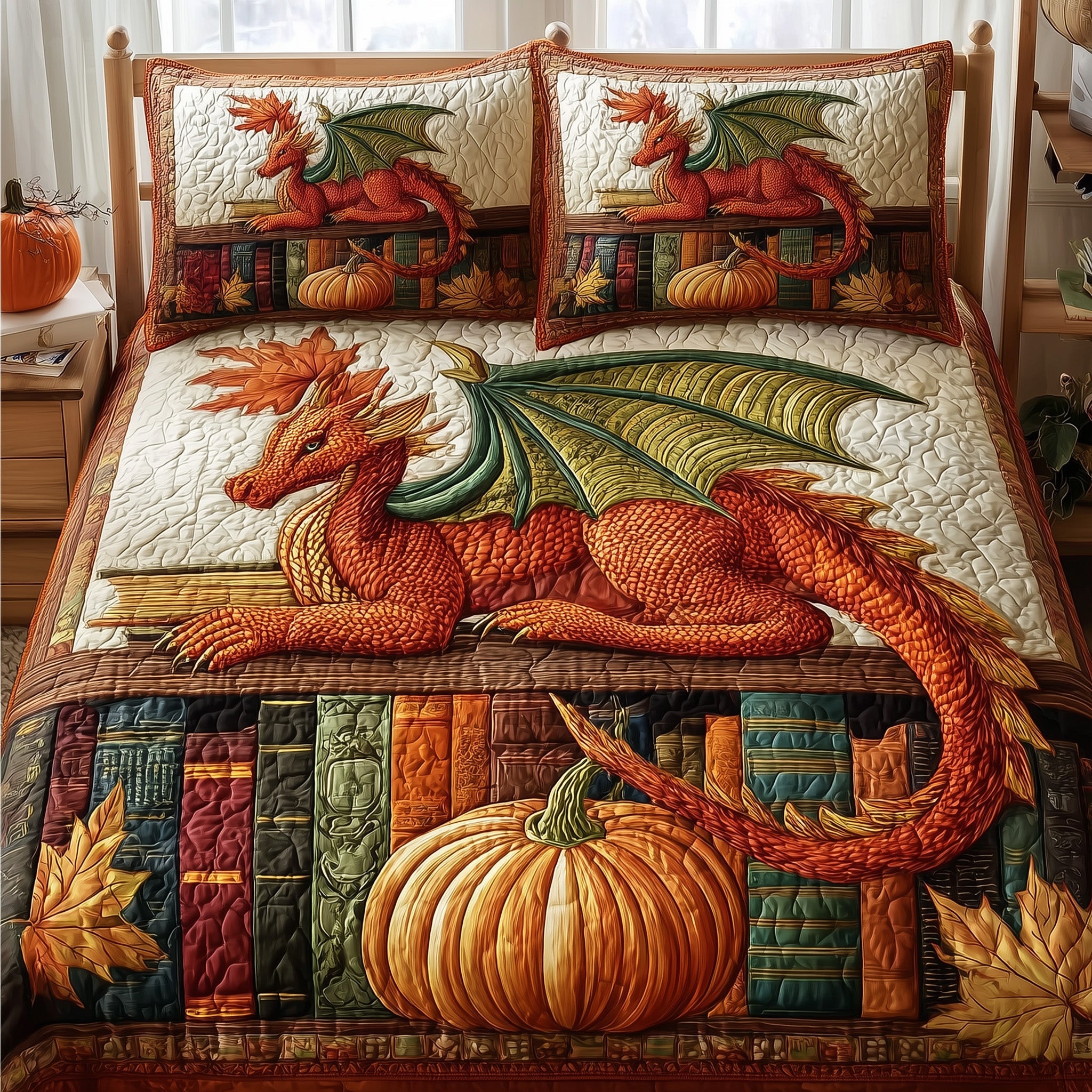 Autumn Library Quilted Bedding Set Duvet Cover Bedspread Book Dragon Gift Ideas
