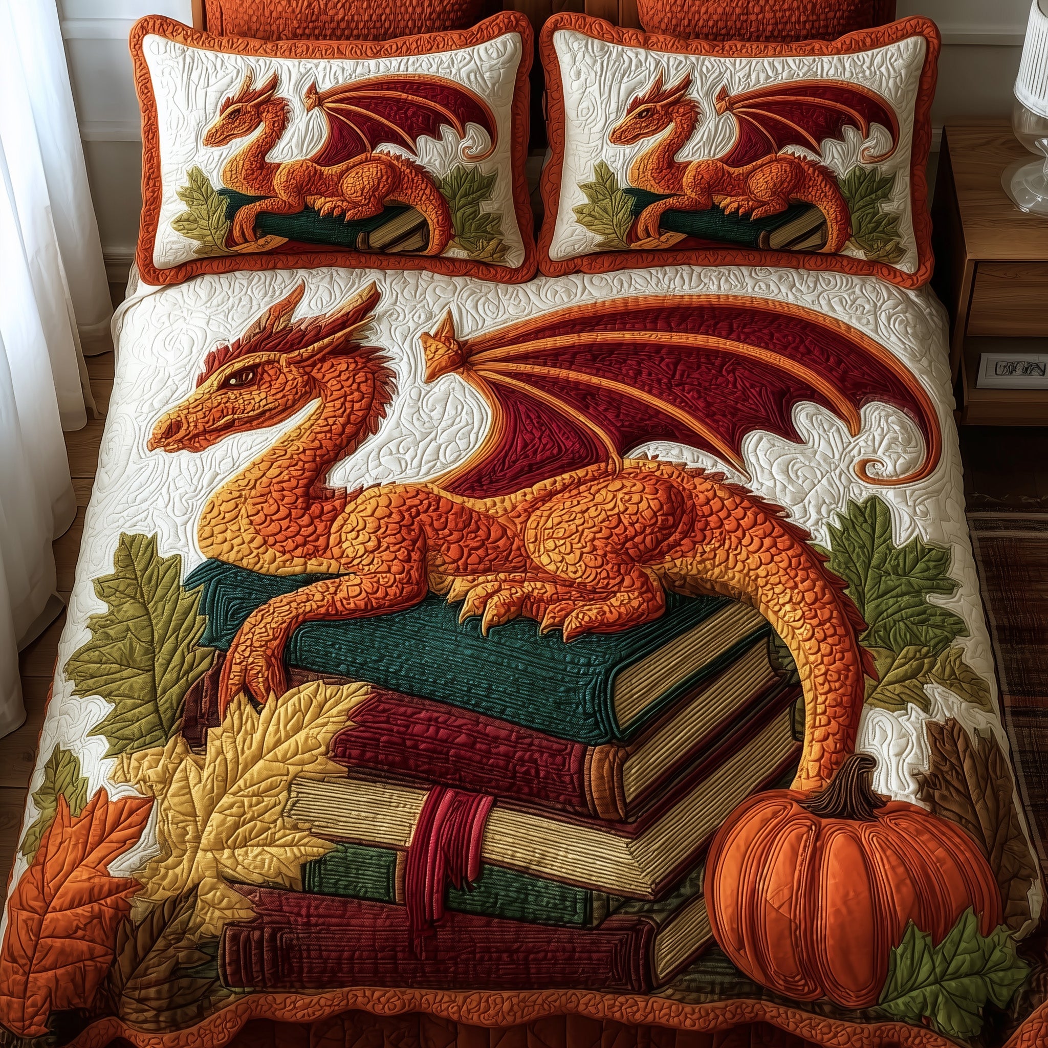 Autumn Library Quilted Bedding Set Duvet Cover Bedspread Book Dragon Gifts For Men