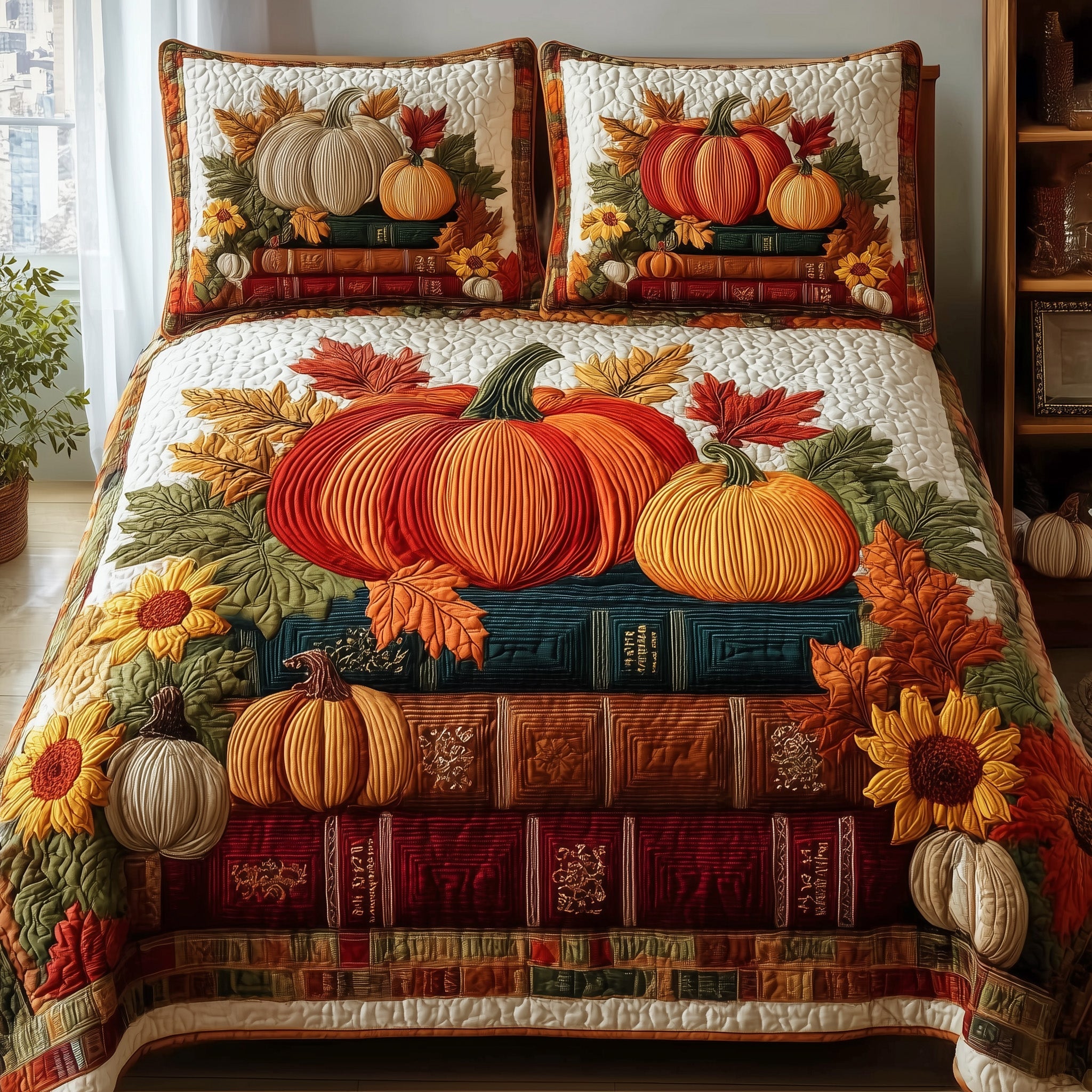 Autumn Library Quilted Bedding Set Duvet Cover Bedspread Book Lover Gifts For Girlfriend