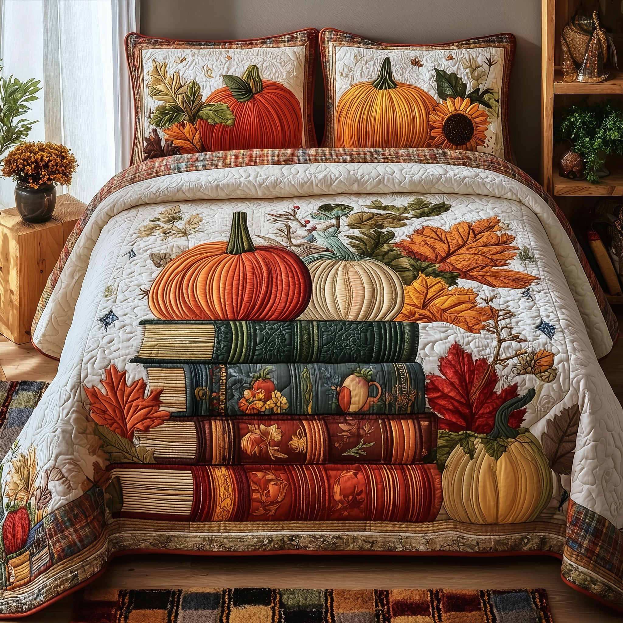 Autumn Library Quilted Bedding Set Duvet Cover Bedspread Book Lovers Gifts For Boyfriend