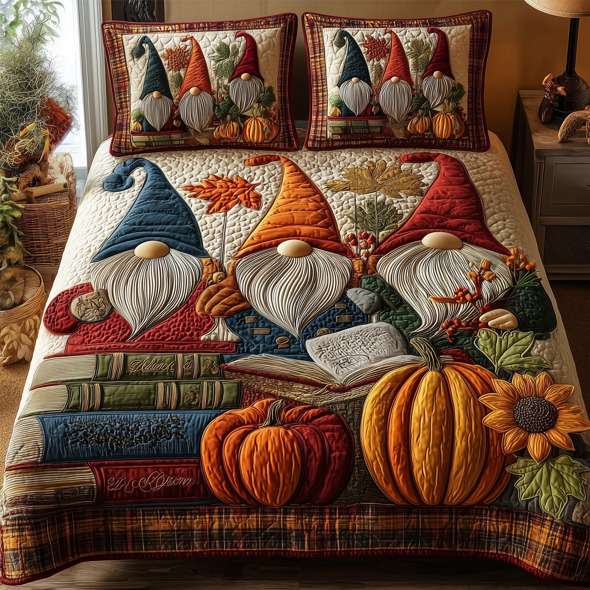 Autumn Library Quilted Bedding Set Duvet Cover Bedspread Book Presents For Women
