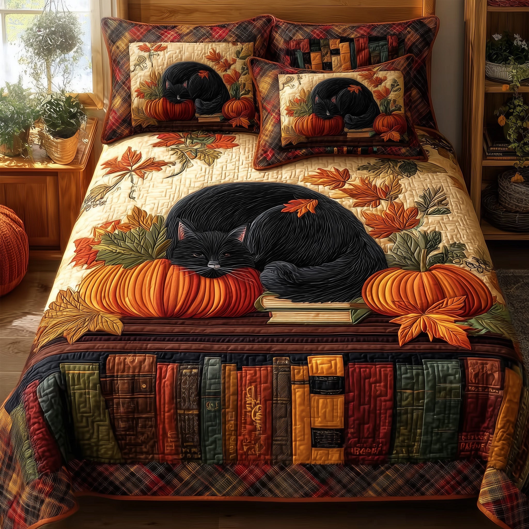 Autumn Library Quilted Bedding Set Duvet Cover Bedspread Cat Themed Accessories Gift Items