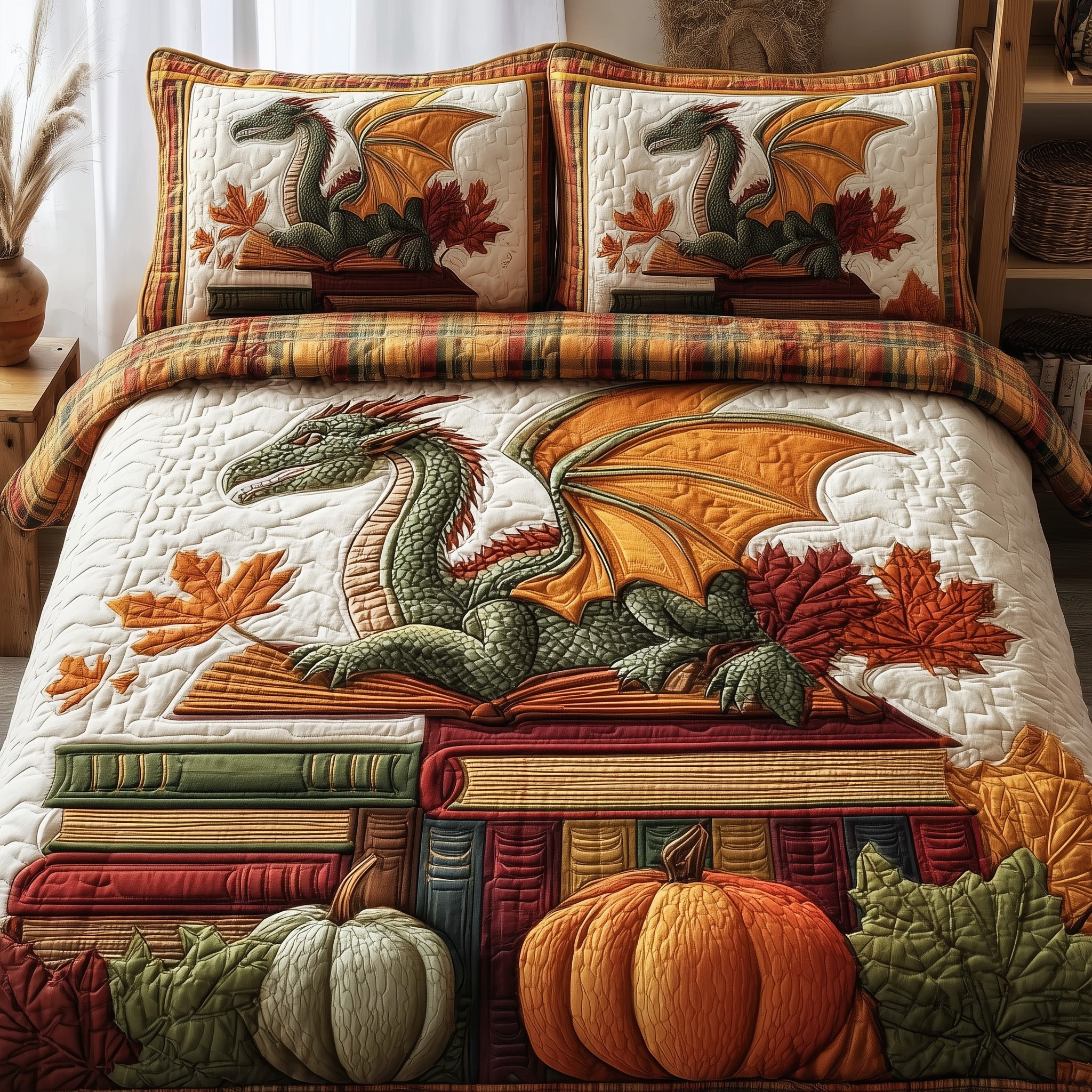 Autumn Library Quilted Bedding Set Duvet Cover Bedspread Dragon Gifts For Husband