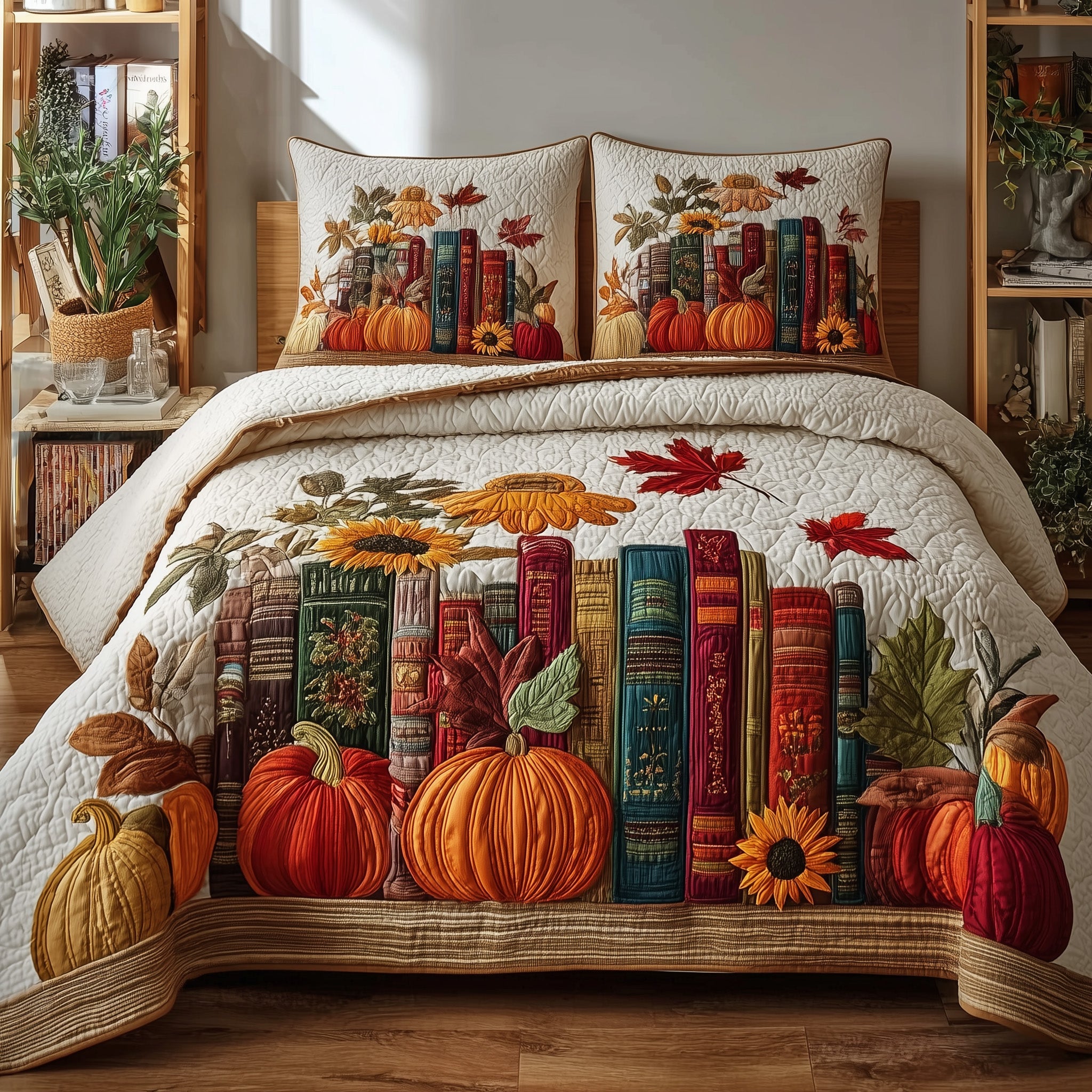 Autumn Library Quilted Bedding Set Duvet Cover Bedspread Gifts For Book Lovers Friends