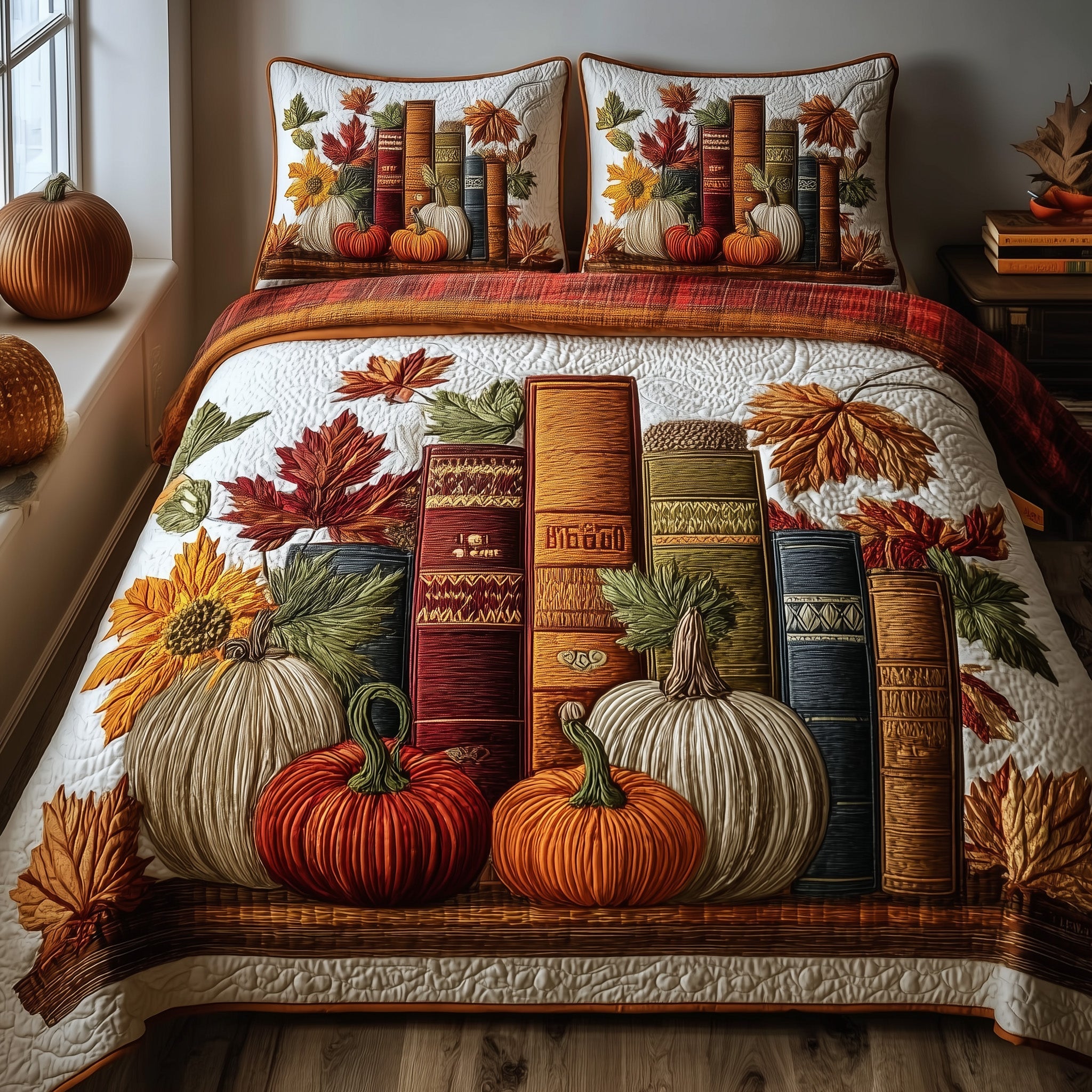 Autumn Library Quilted Bedding Set Duvet Cover Bedspread Gifts For Book Lovers Nerd