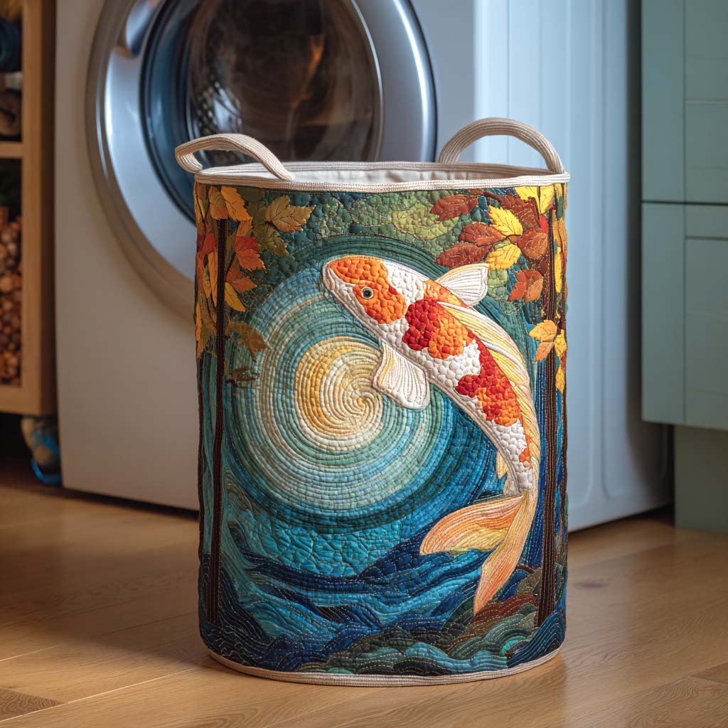 Autumn Moon Koi Quilted Laundry Basket Merch For Mom