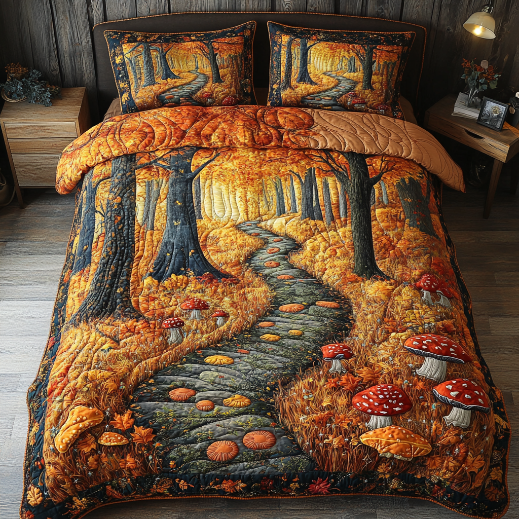 Autumn Mushroom Quilted Bedding Set Holiday Season Duvet Cover Set Mushroom Gifts For Him