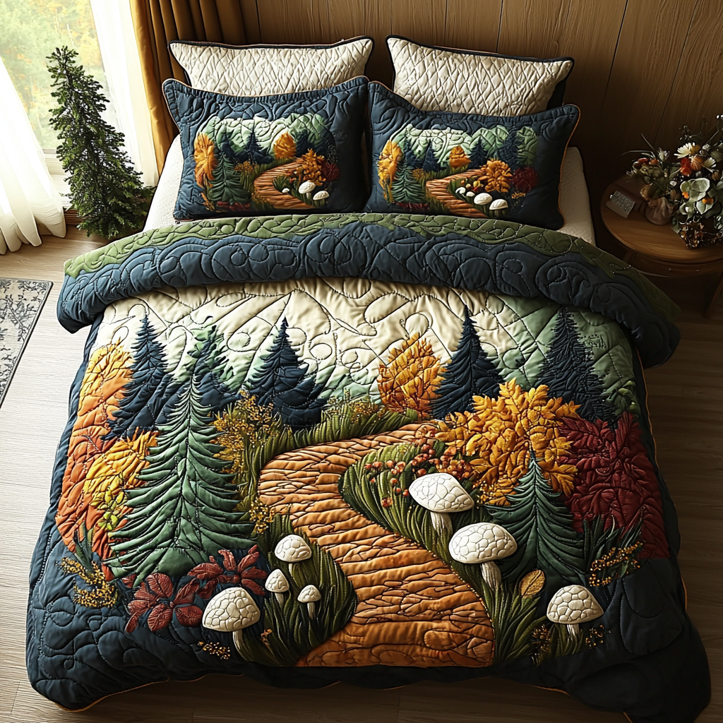 Autumn Mushroom Trails Quilted Bedding Set Forest Themed Bedroom Christmas Presents 