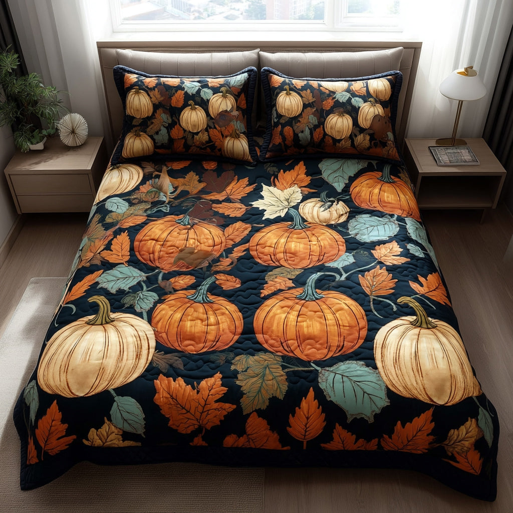 Autumn Night Pumpkins Quilted Bedding Set Cute Room Decor Gift For Mid Autumn Festival