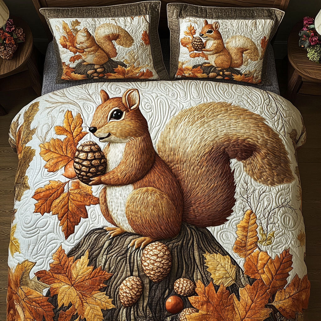 Autumn Nutty Adventure Quilted Bedding Set Aesthetic Room Decor Cute Fall Gift Ideas