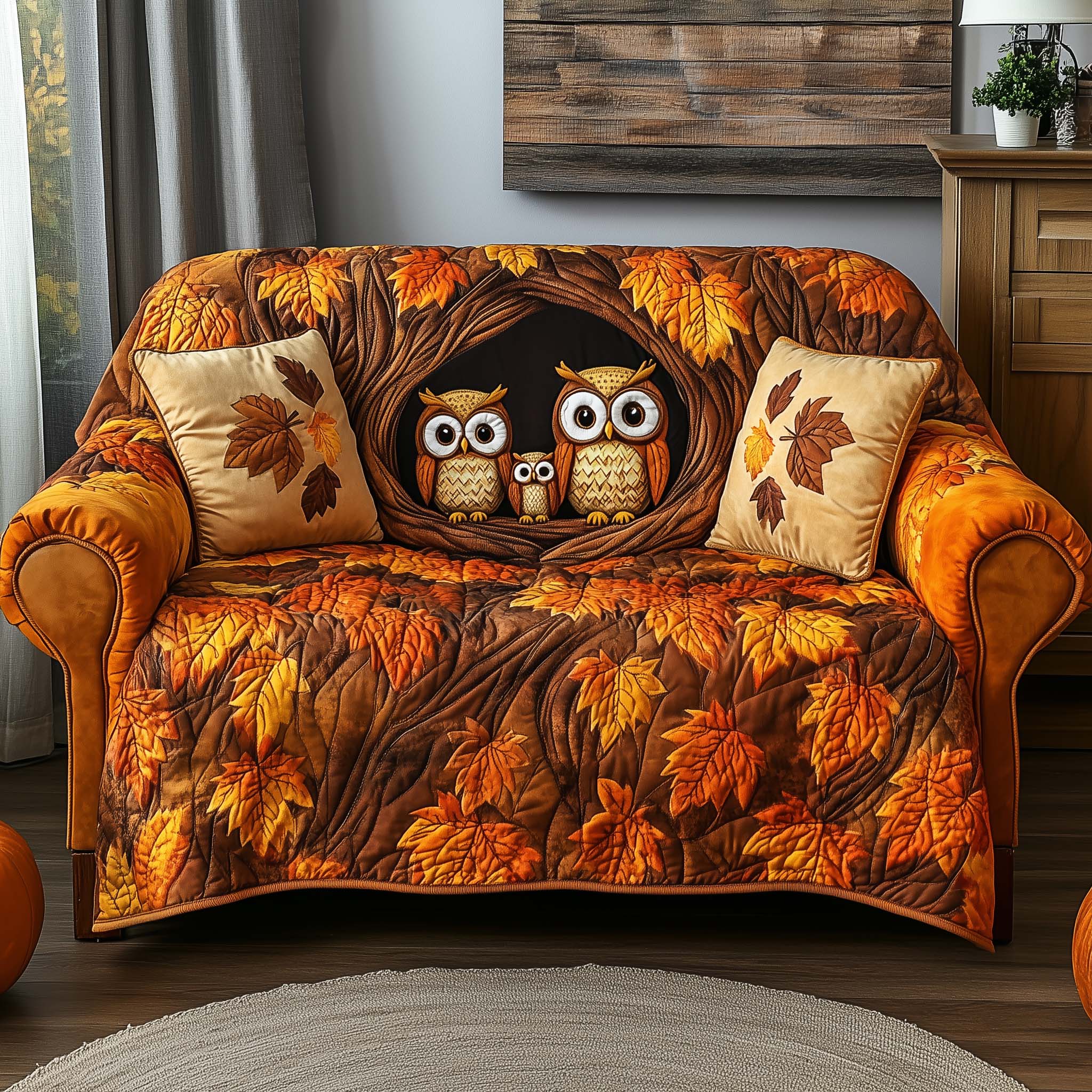 Autumn Owl Nest Quilted Sofa Cover Fall Foliage Bird Theme Best Unique Gifts For Owl Lovers