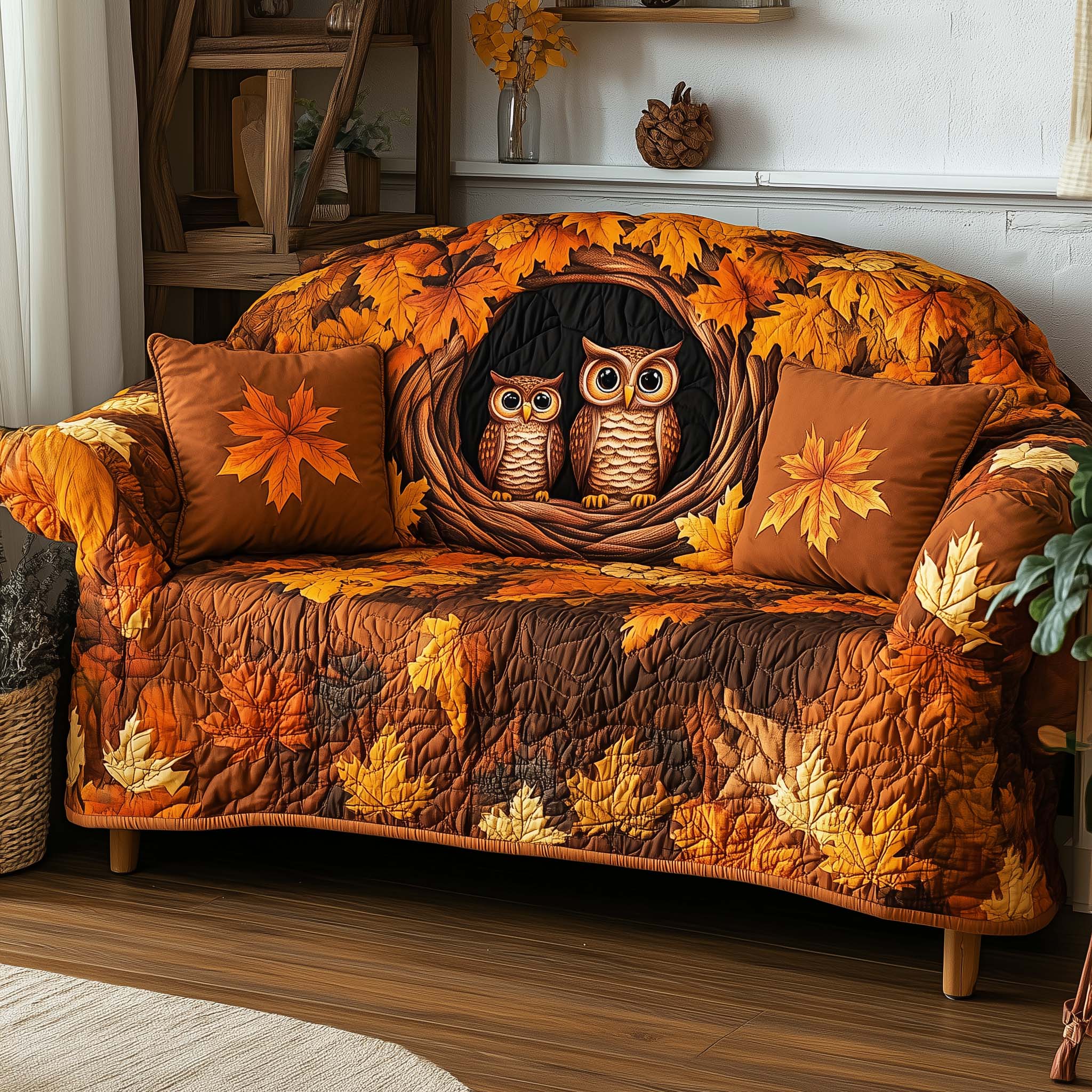 Autumn Owl Nest Quilted Sofa Cover Harvest Season Bird Best Unique Gifts For Owl Lovers