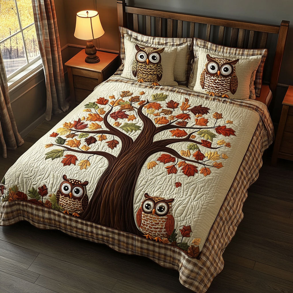 Autumn Owl Quilted Bedding Set Duvet Cover Bedspread Present Ideas For Her