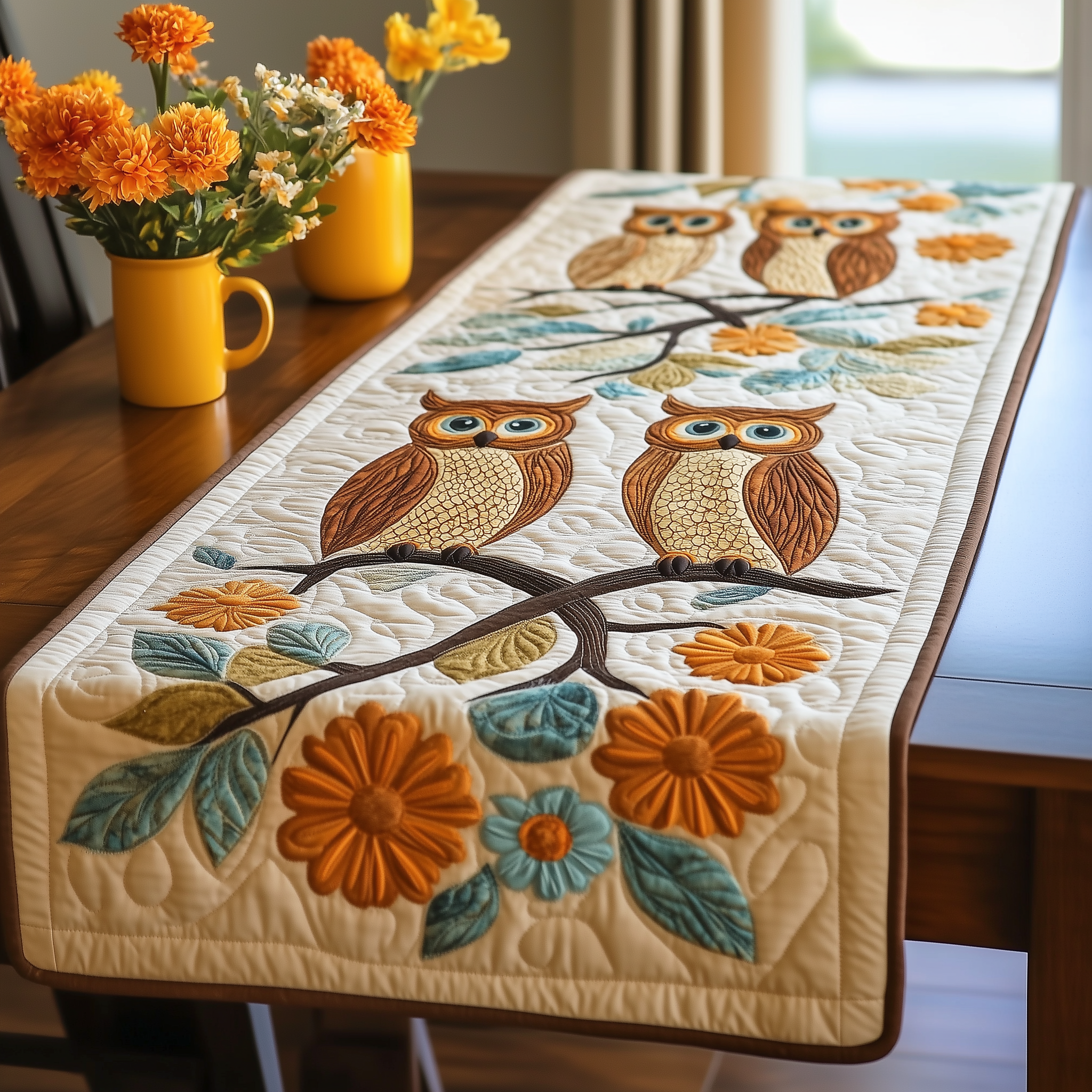 Autumn Owl Symphony Quilted Table Runner Cute Modern Table Runner Owl Items For Gifts