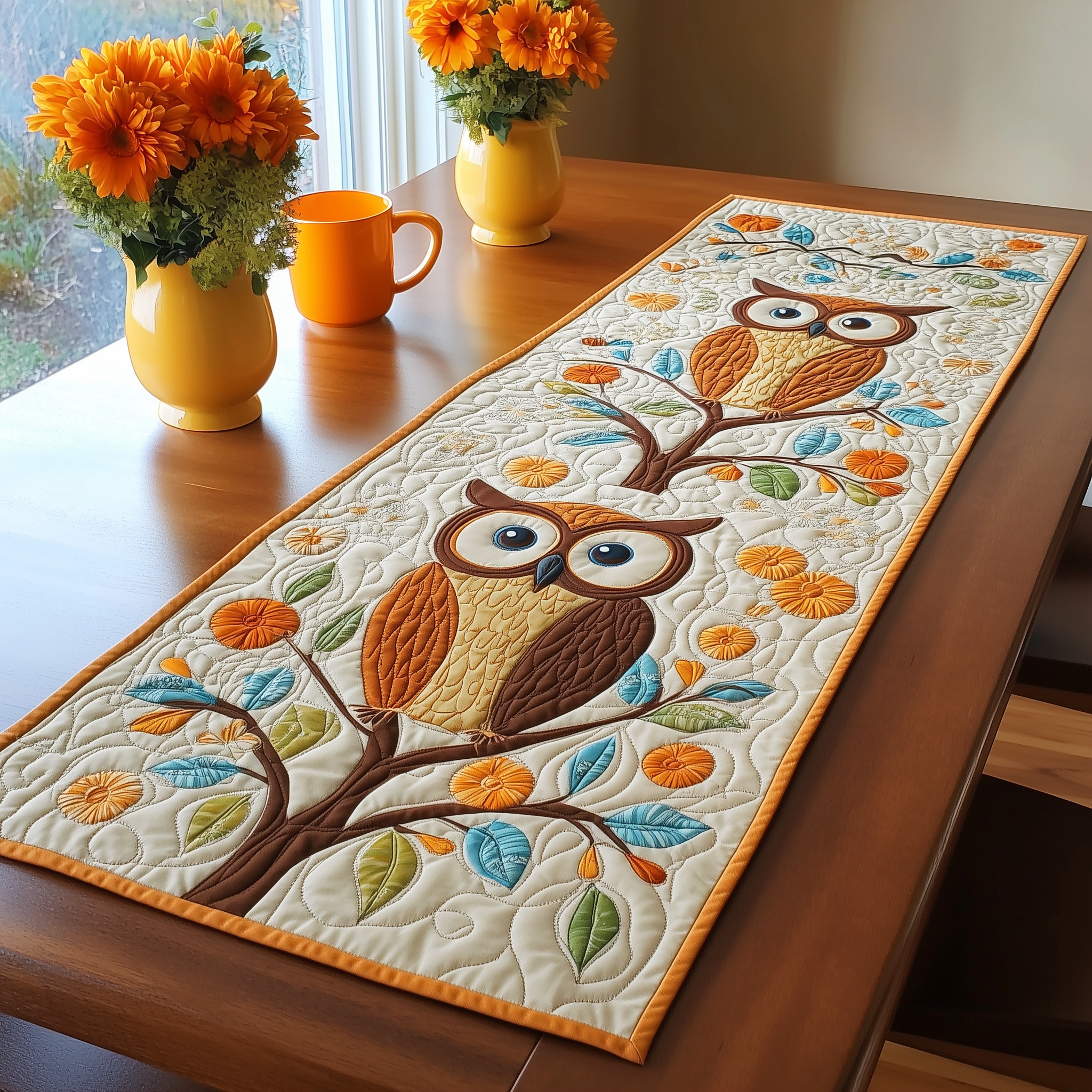 Autumn Owl Symphony Quilted Table Runner Dinning Modern Table Runner Owl Items For Gifts Christmas