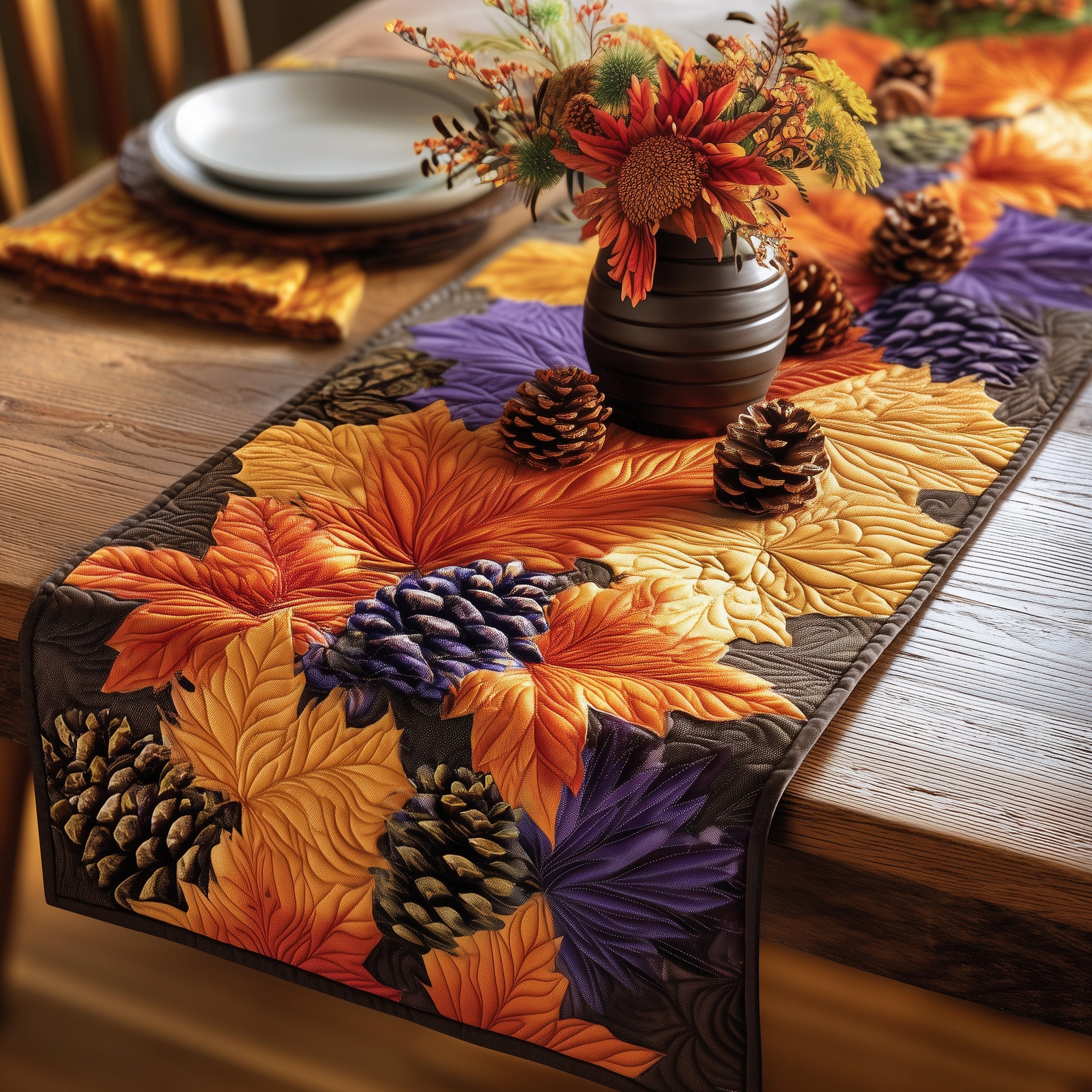Autumn Pinecone Quilted Table Runner Christmas Theme Table Runner