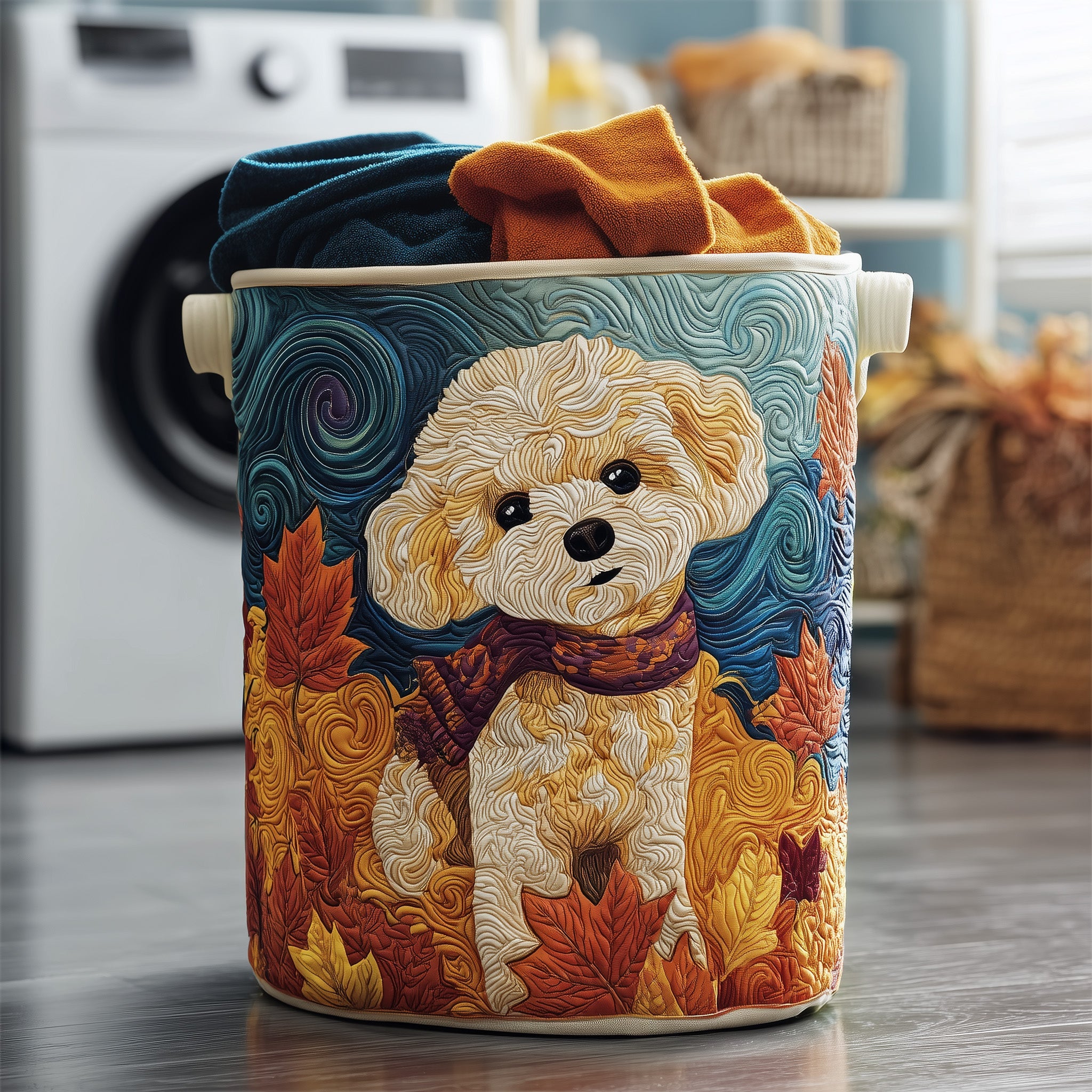 Autumn Poodle Quilted Laundry Basket Merch For Mom