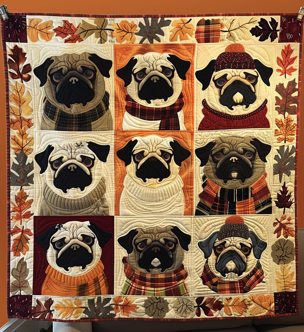Autumn Pug Charm Quilted Blanket Christmas Gifts For Pug Lovers