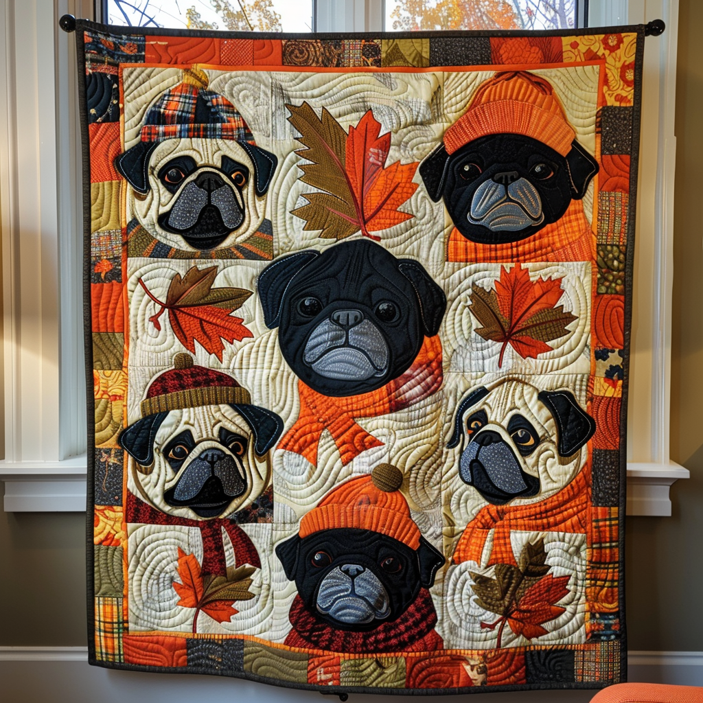 Autumn Pugs Quilted Blanket Best Christmas Gifts For Dog Lovers