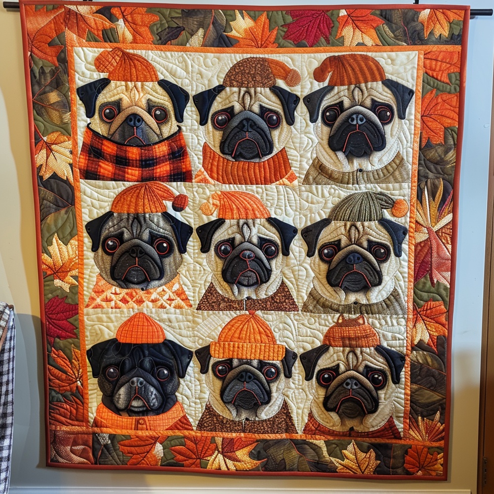 Autumn Pugs Quilted Blanket Fall Pug Lover Art Cozy Bedding Warm Throw Best Gift For Pug Owners