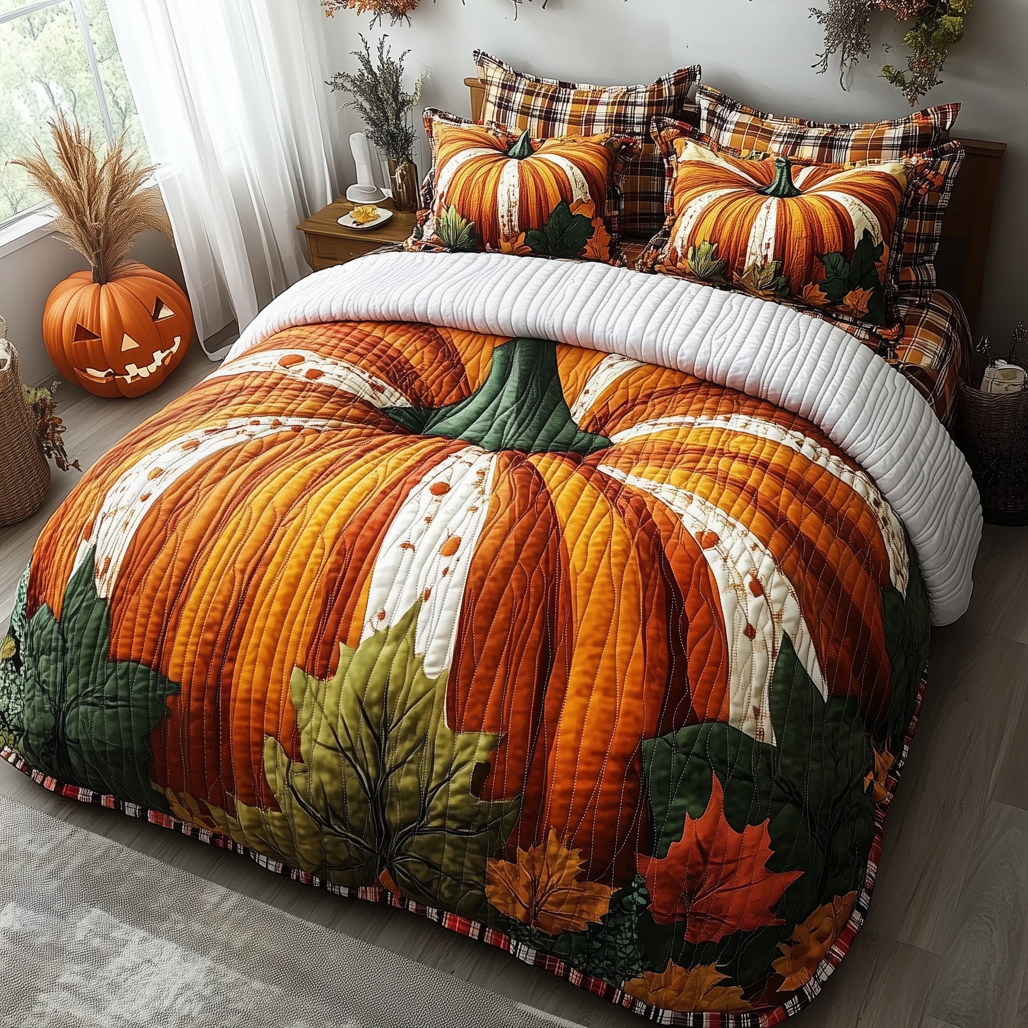 Autumn Pumpki Quilted Bedding Set Duvet Cover Bedspread Cute Halloween Gifts