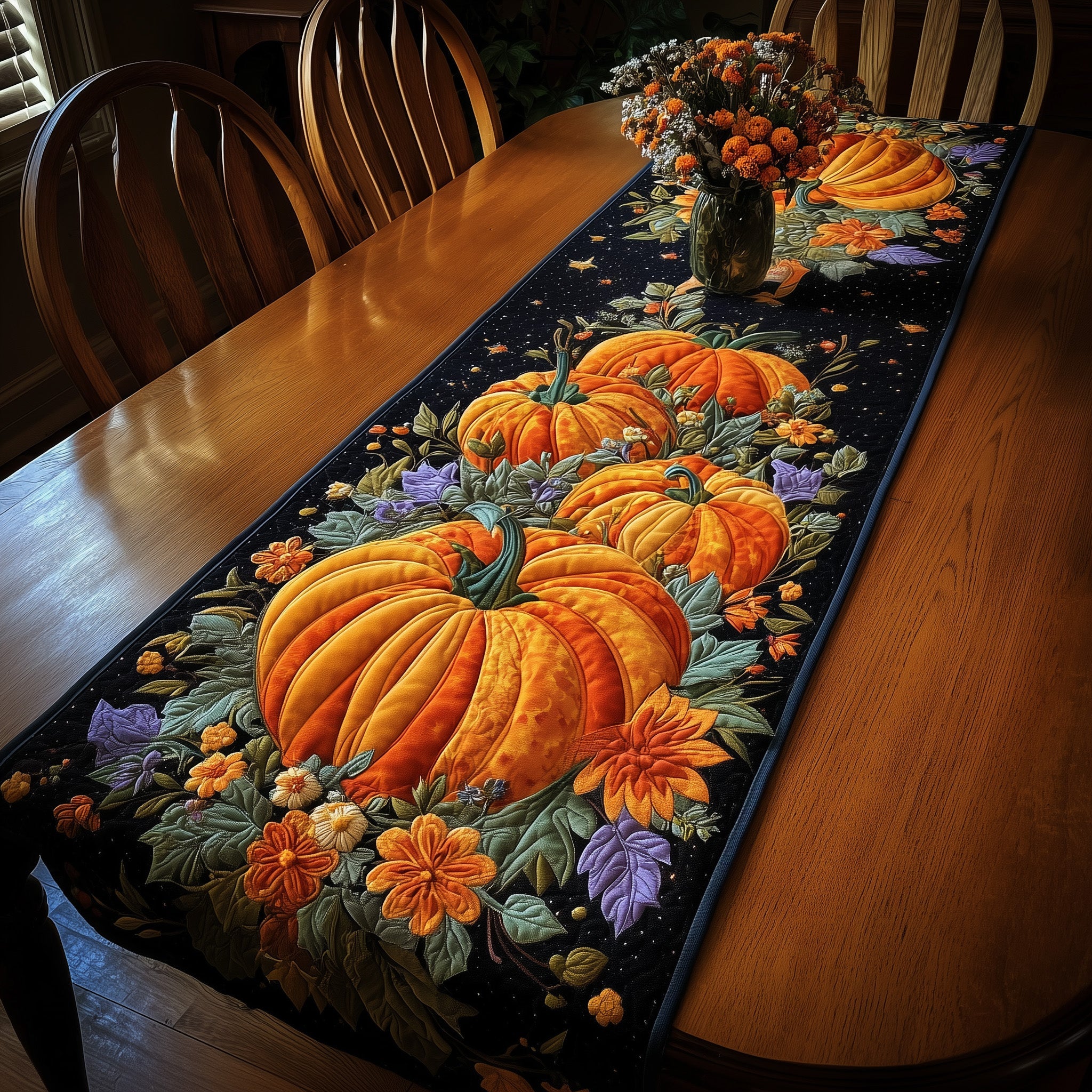 Autumn Pumpkin Night Quilted Table Runner Festive Table Runner for Dining Table