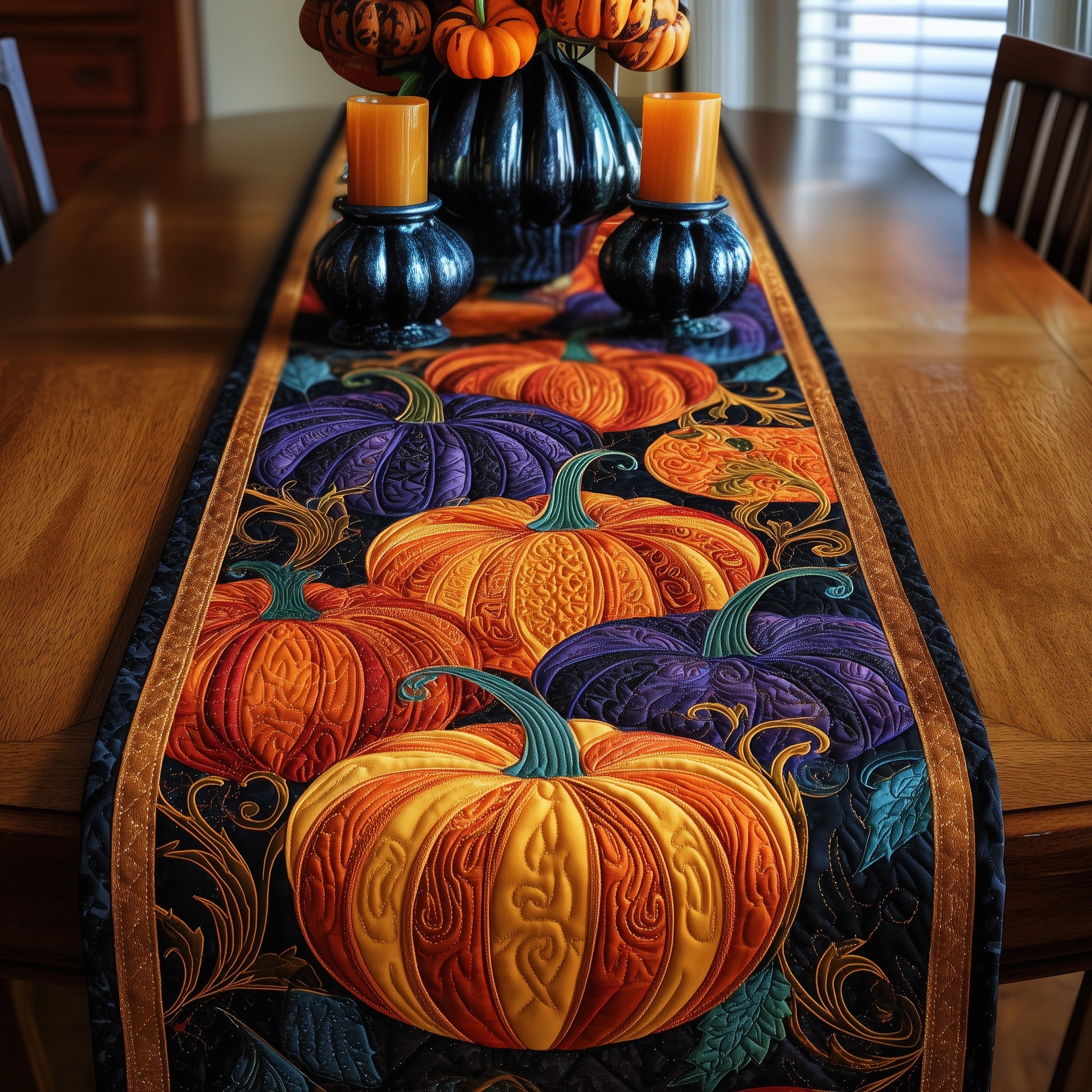 Autumn Pumpkin Night Quilted Table Runner Winter Holiday Table Runner Decor