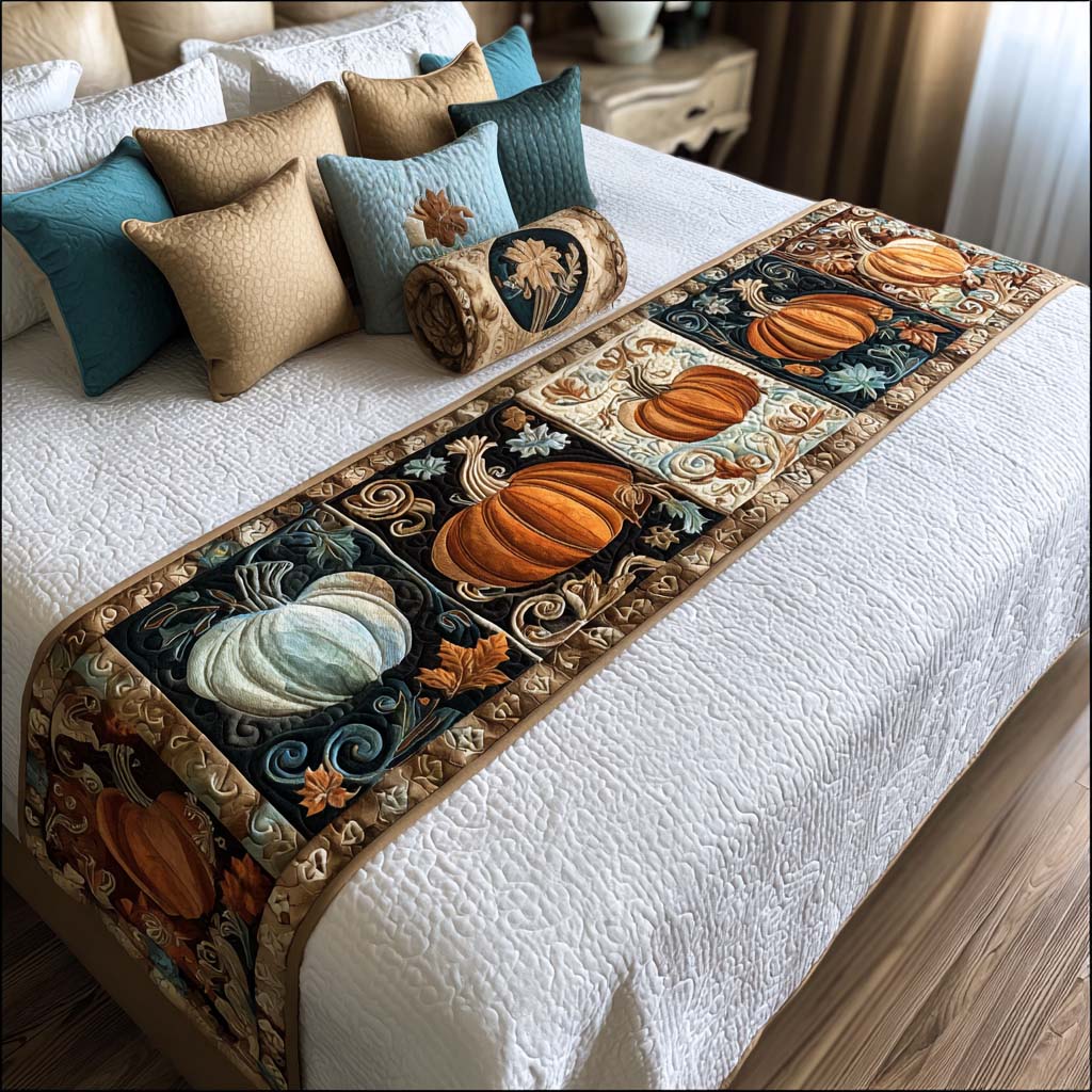 Autumn Pumpkin Parade Quilted Bed Runner Fall Bedroom Decor Best Family Gifts