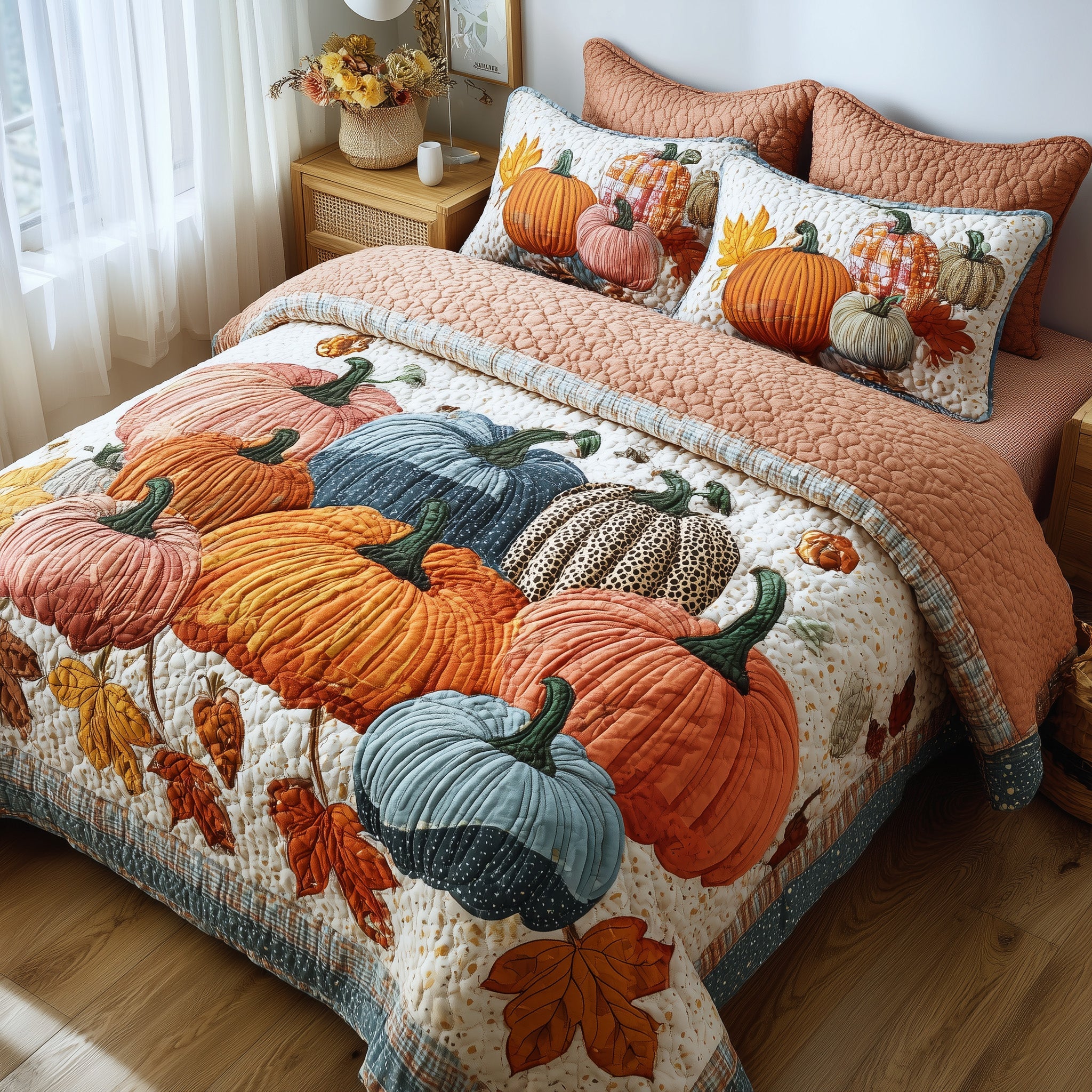 Autumn Pumpkin Quilted Bedding Set Breathable