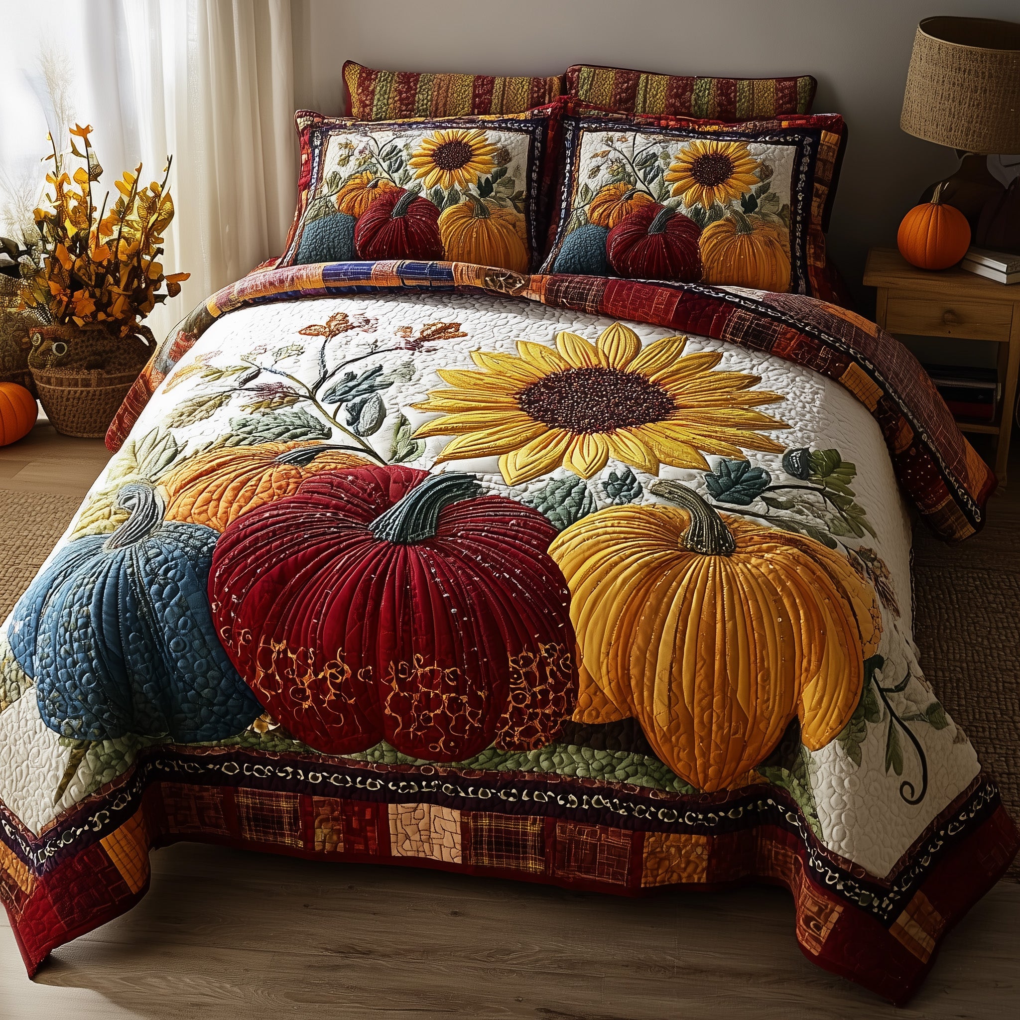 Autumn Pumpkin Quilted Bedding Set Durable & Long-lasting
