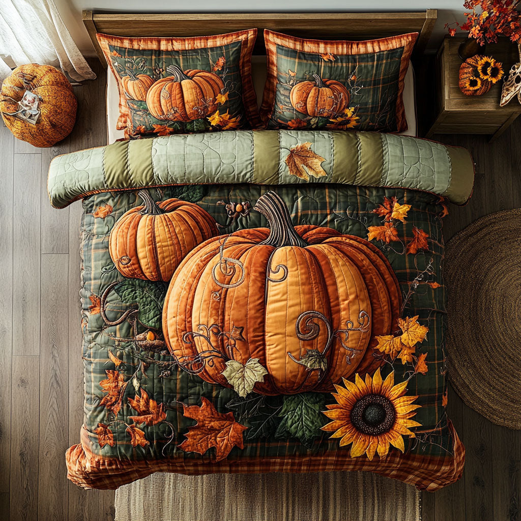 Autumn Pumpkin Quilted Bedding Set Duvet Cover Bedspread Gifts For Family