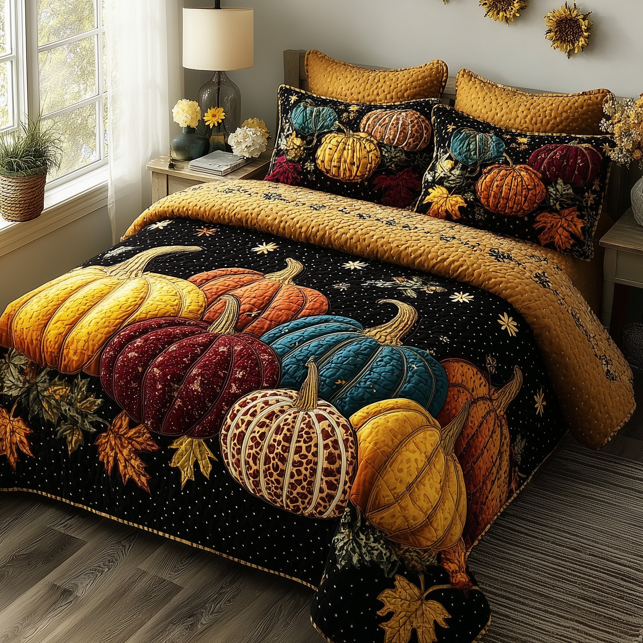 Autumn Pumpkin Quilted Bedding Set Farmhouse Style