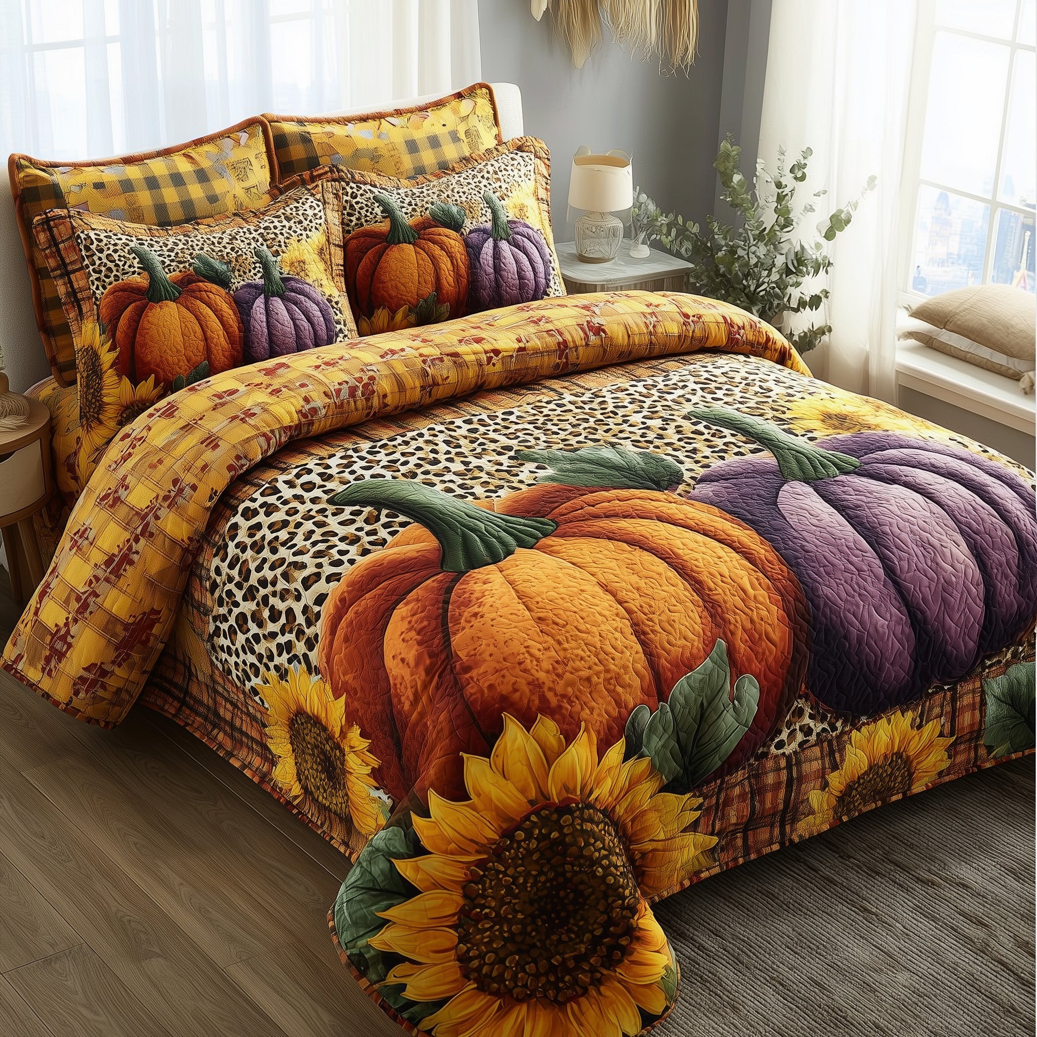 Autumn Pumpkin Quilted Bedding Set Geometrical Pattern