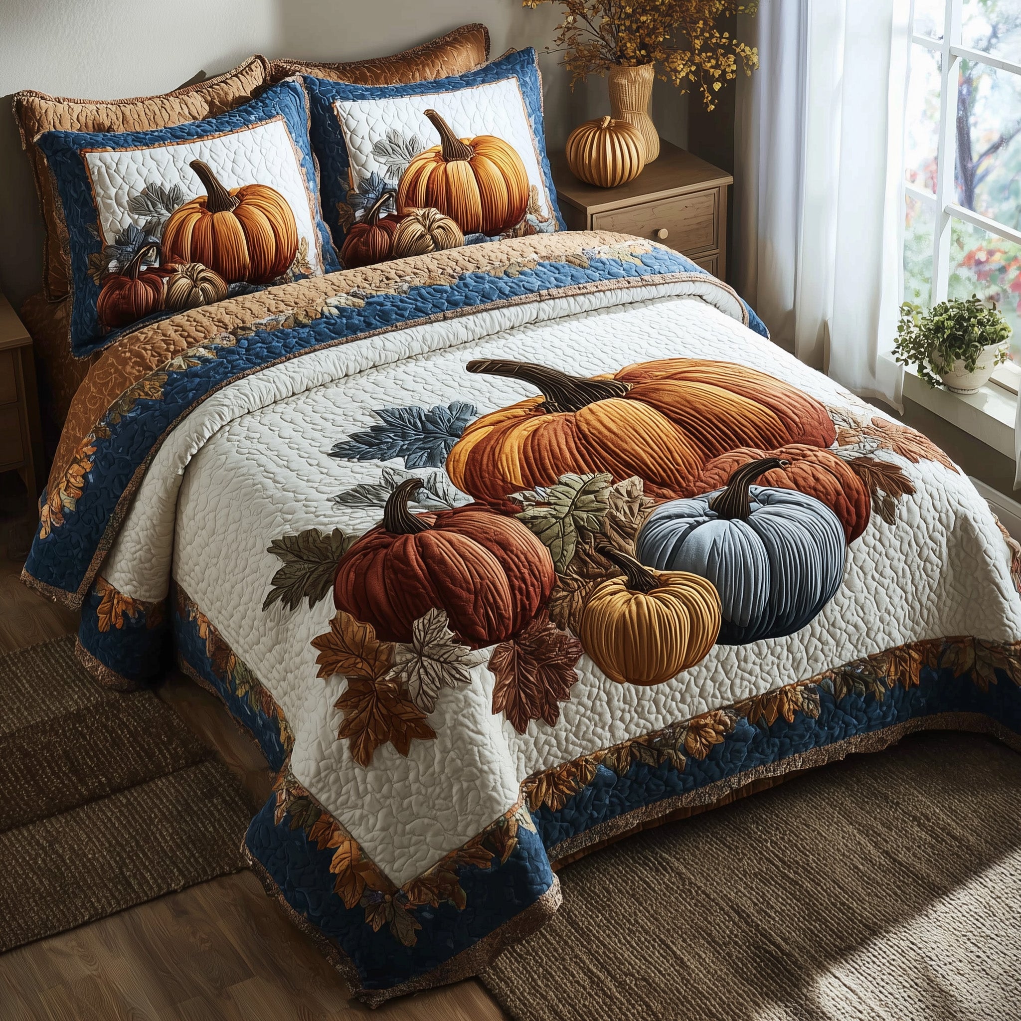 Autumn Pumpkin Quilted Bedding Set Holiday Gift