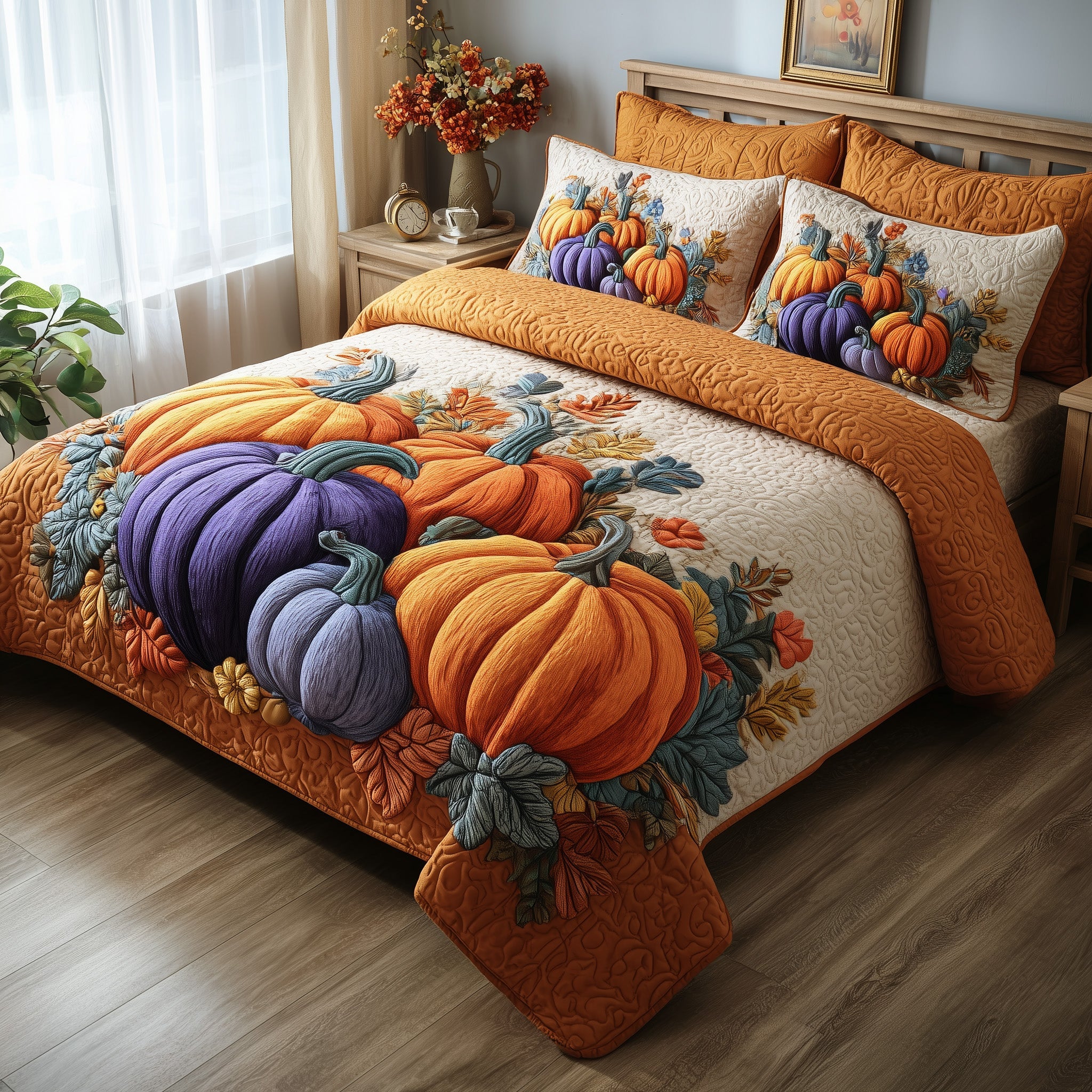 Autumn Pumpkin Quilted Bedding Set Home Decor Collection